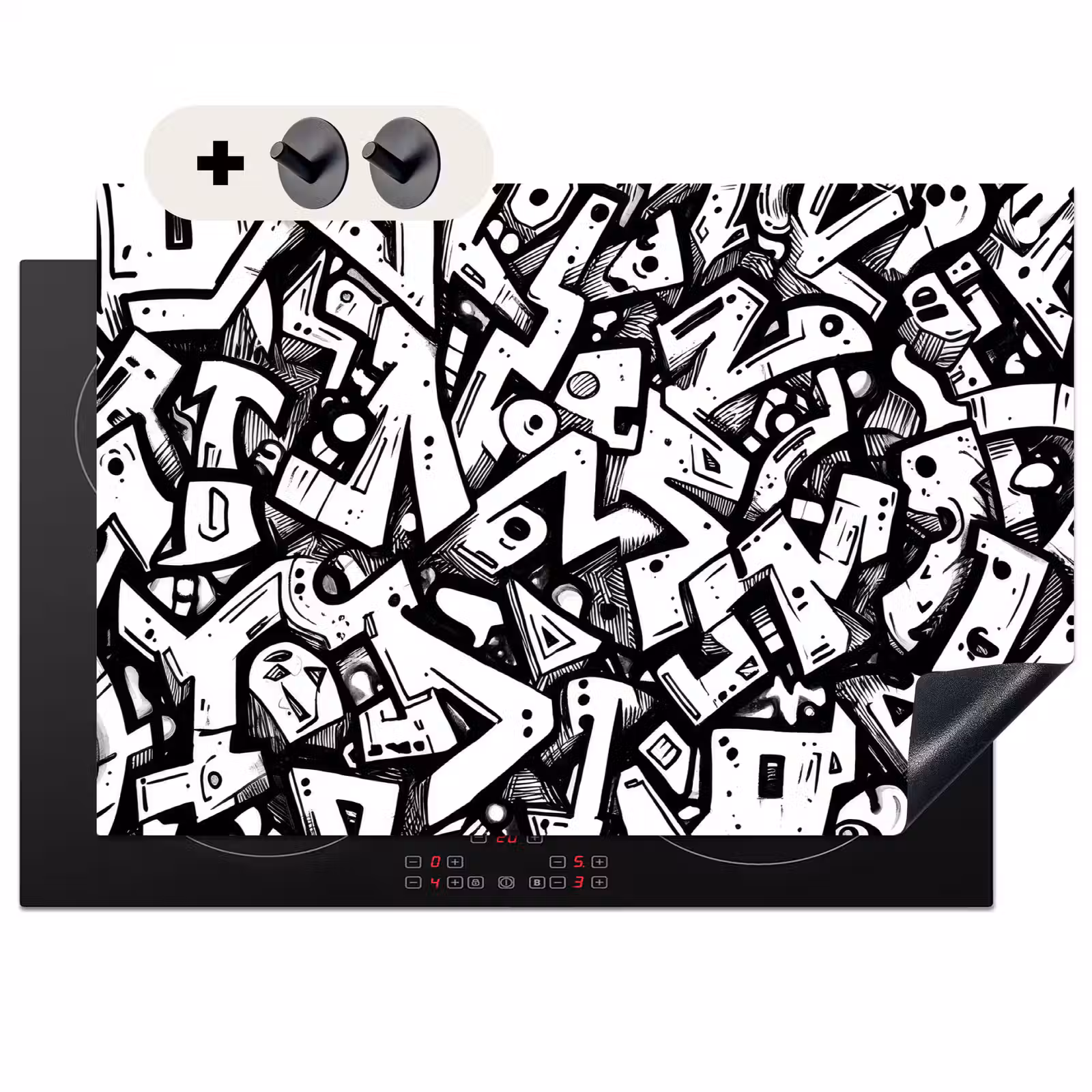 2-in-1 Herdabdeckplatte & Spritzschutz - Formen - Buchstaben - Graffiti - Schwarz - Vormen - Letters - Graffiti - Zwart Inductie beschemer met haakjes klein