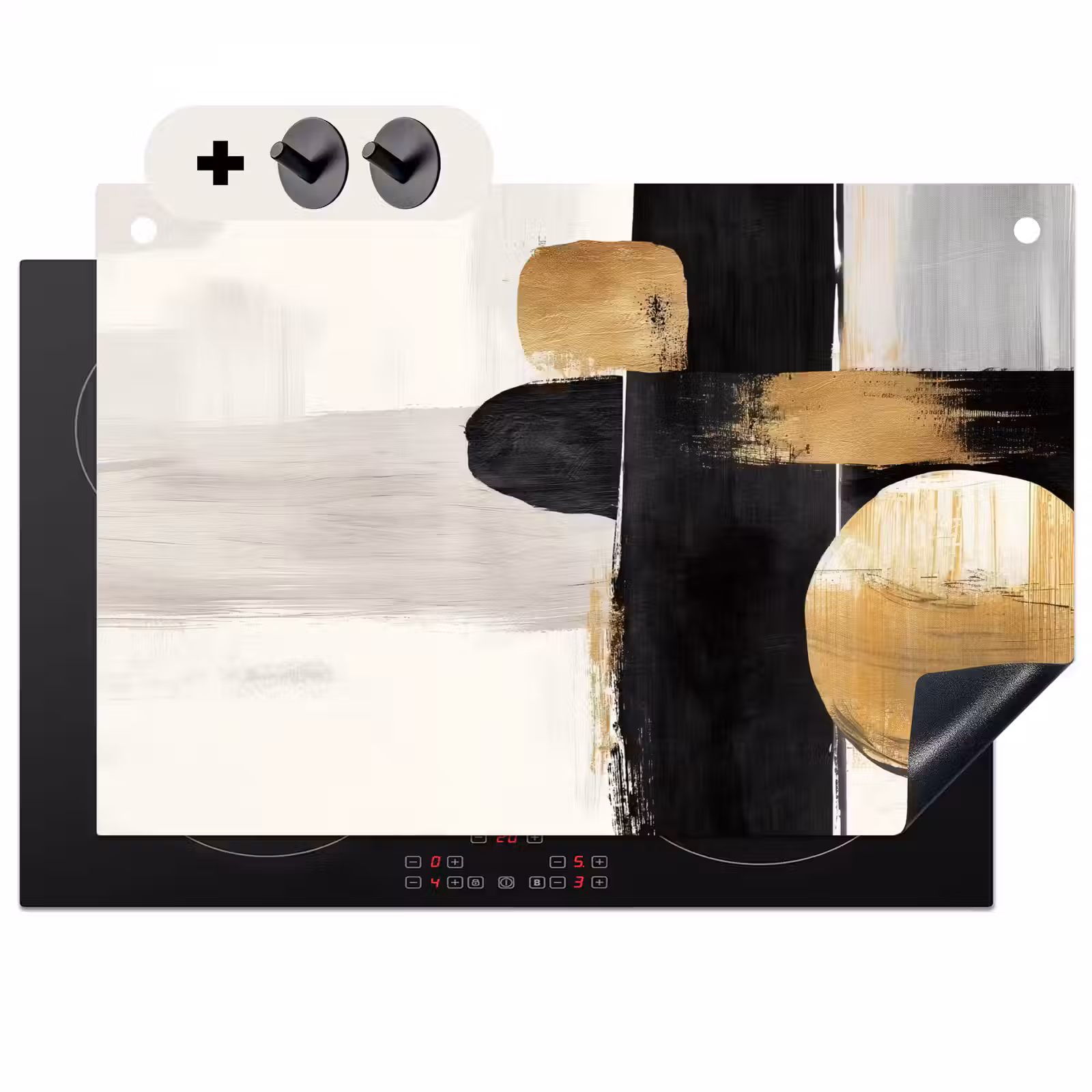 2-in-1 Herdabdeckplatte & Spritzschutz - Formen - Pinselstriche - Abstrakt - Gold - Vormen - Penseelstreken - Abstract - Goud Inductie beschemer met haakjes klein