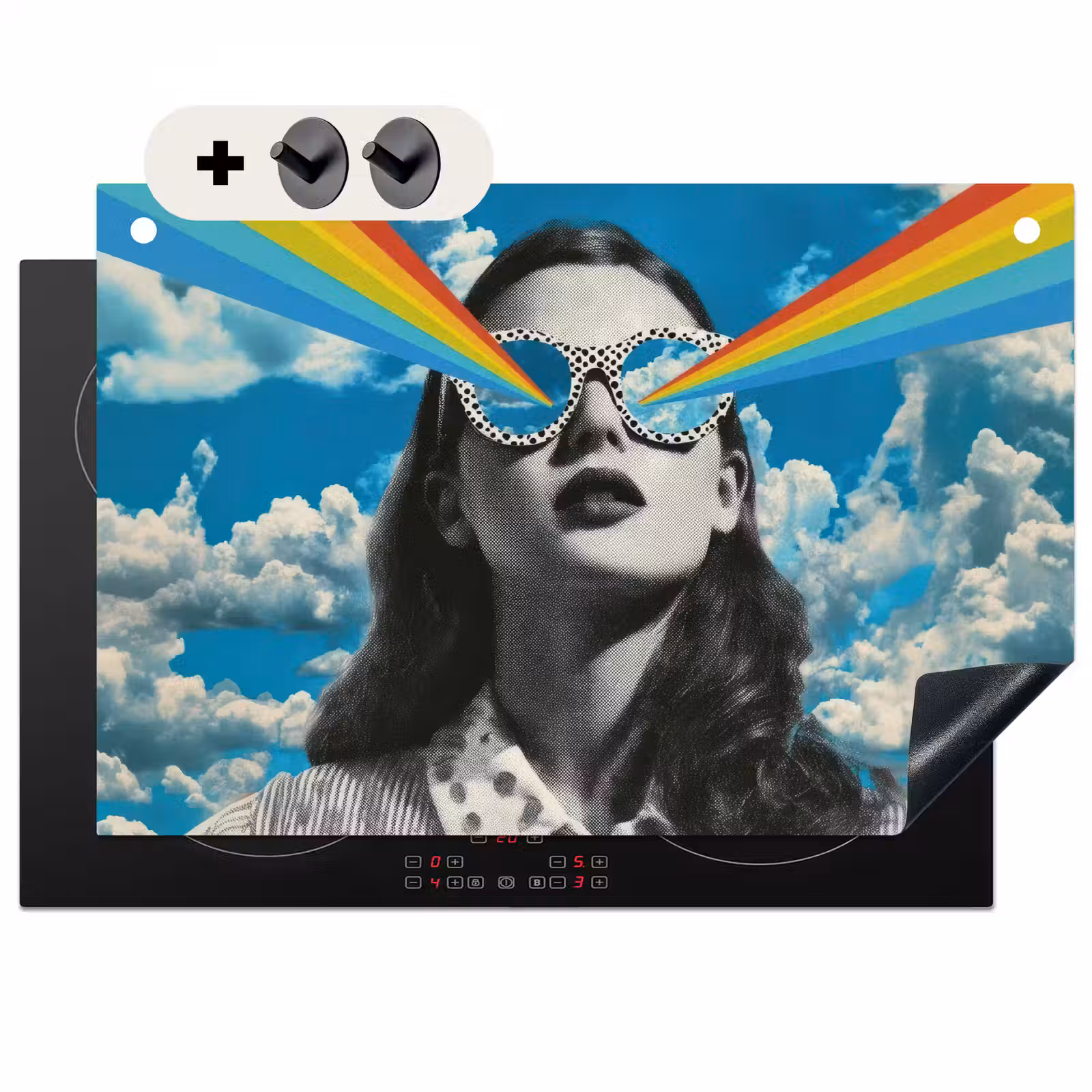 2-in-1 Herdabdeckplatte & Spritzschutz - Frau - Brille - Regenbogen - Wolken - Vrouw - Bril - Regenboog - Wolken Inductie beschemer met haakjes klein