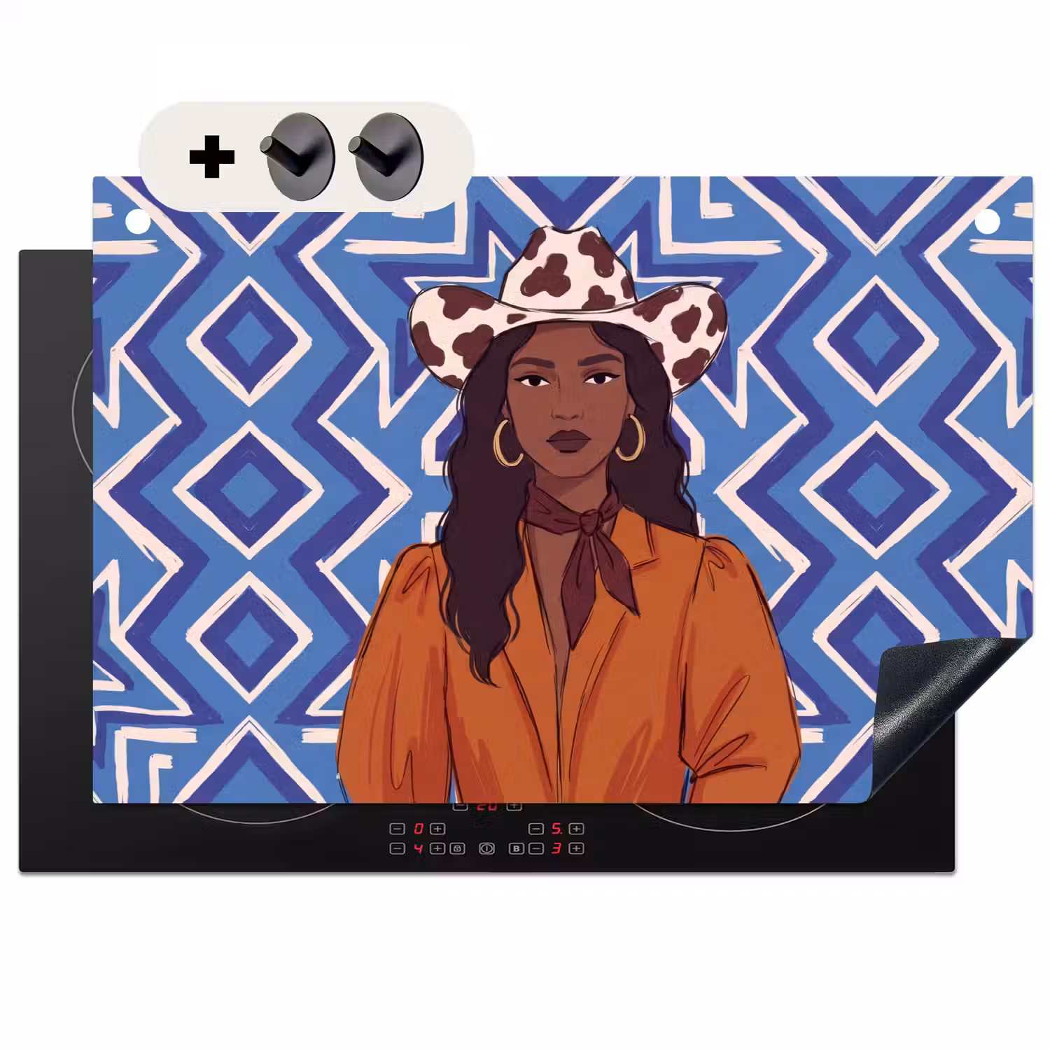 Vrouw - Cowboyhoed - Portret - Modern - Blauw Inductie beschemer met haakjes klein -3d