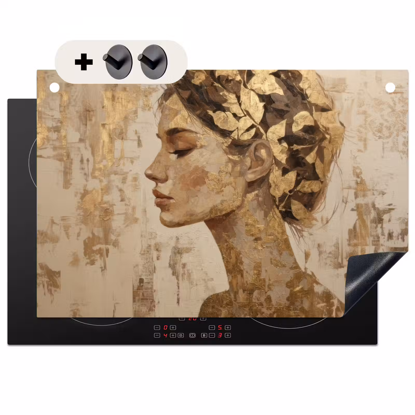 2-in-1 Herdabdeckplatte & Spritzschutz - Frau - Gold - Abstrakt - Textur - Vrouw - Goud - Abstract - Textuur Inductie beschemer met haakjes klein