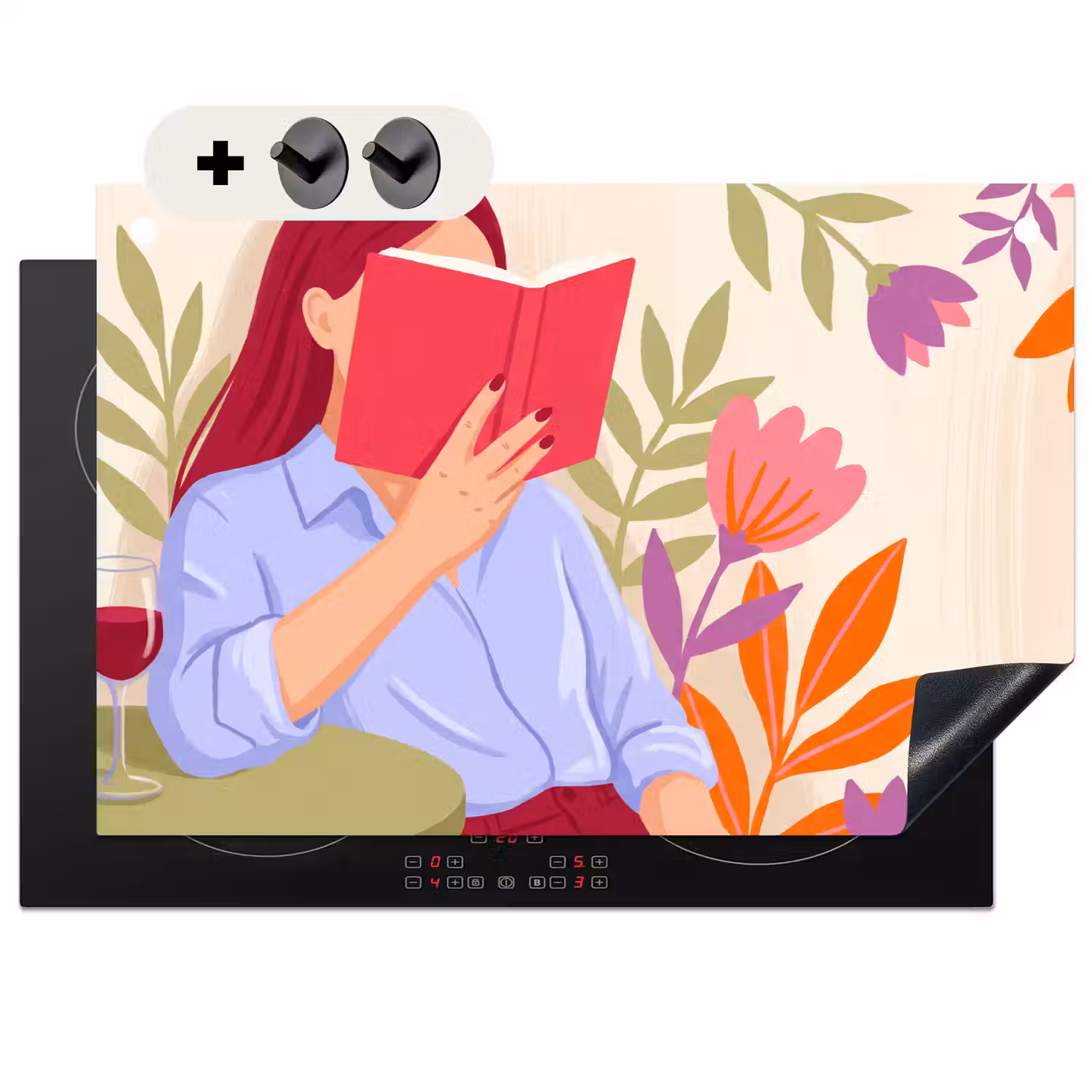 Vrouw - Lezen - Thuis - Modern - Bloemen Inductie beschemer met haakjes klein -3d