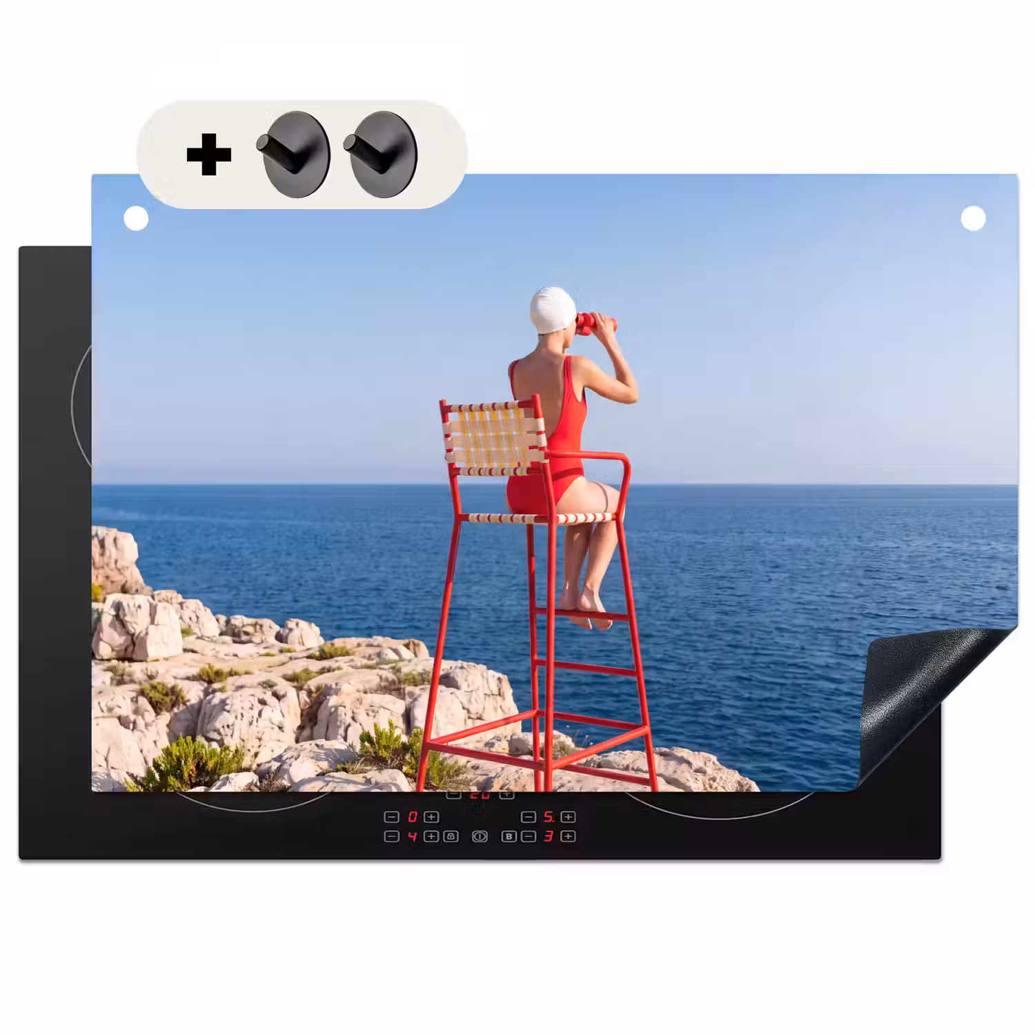 Vrouw - Zee - Kust - Verrekijker - Rood Inductie beschemer met haakjes klein -3d