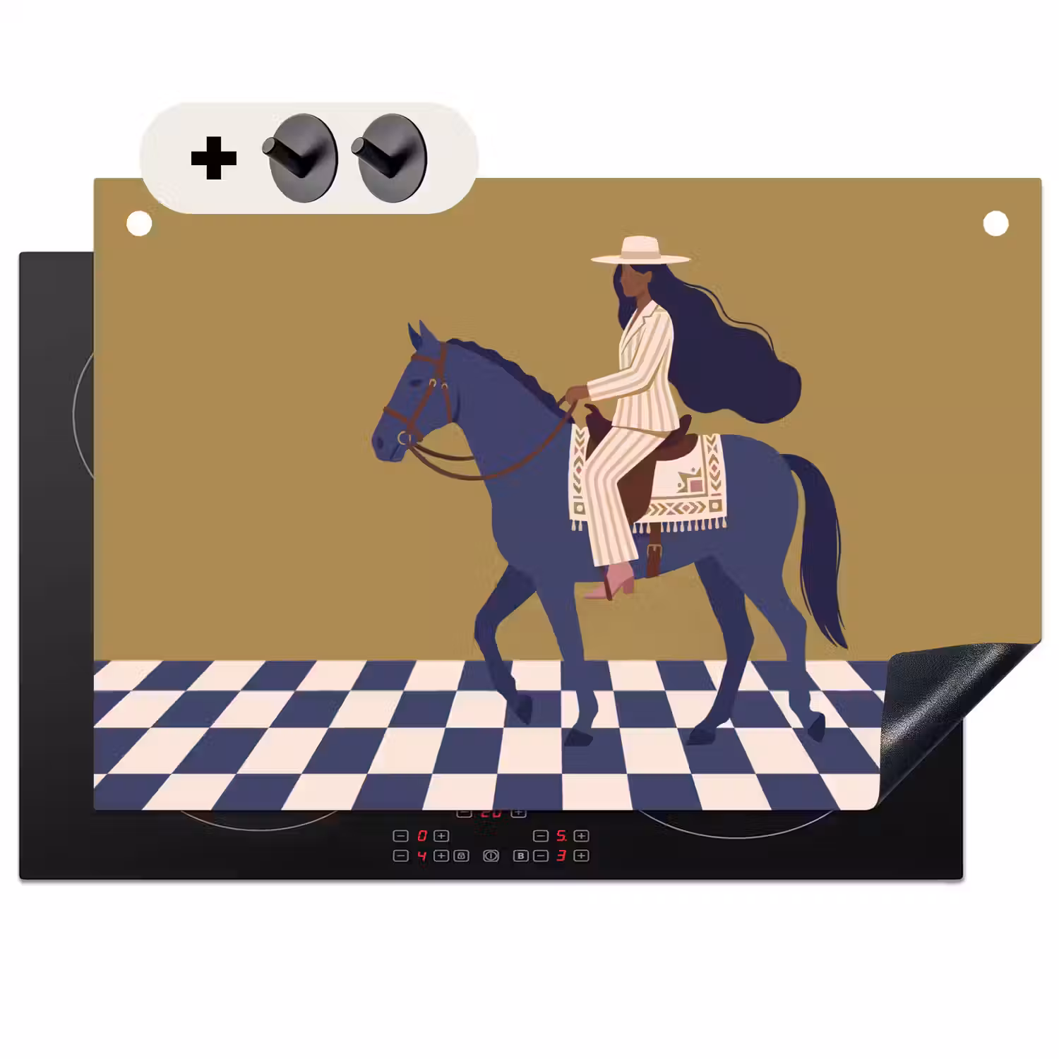 Vrouw - Paard - Rijden - Modern - Abstract Inductie beschemer met haakjes klein -3d