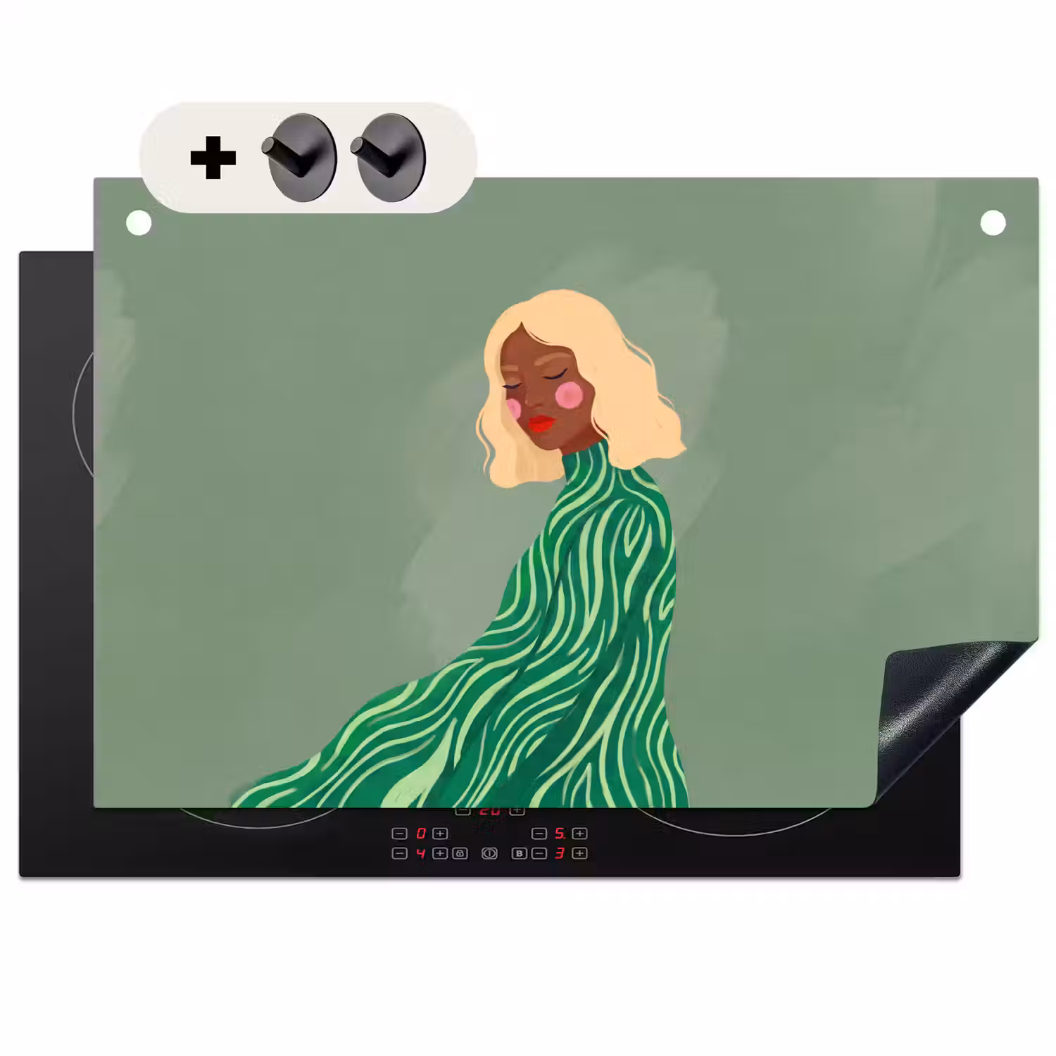Vrouw - Portret - Illustratie - Modern - Groen Inductie beschemer met haakjes klein -3d