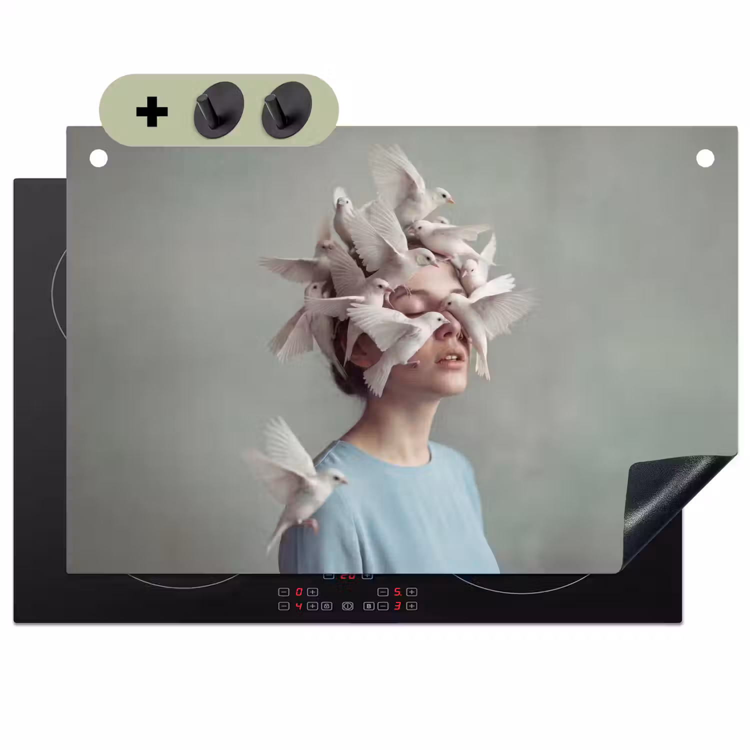 Vrouw - Vogels - Abstract - Modern - Wit Inductie beschemer met haakjes klein -3d