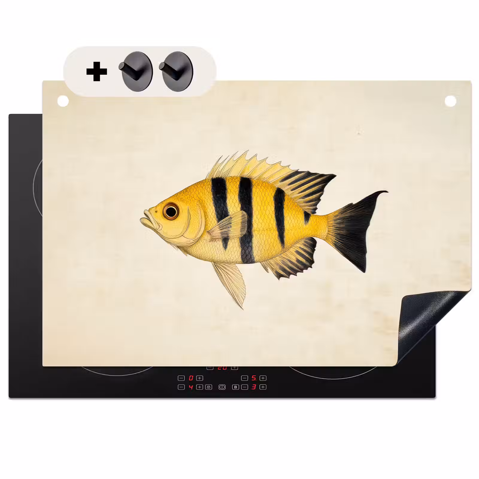 2-in-1 Herdabdeckplatte & Spritzschutz - Gelb - Fisch - Streifen - Tropisch - Geel - Vis - Strepen - Tropisch Inductie beschemer met haakjes klein