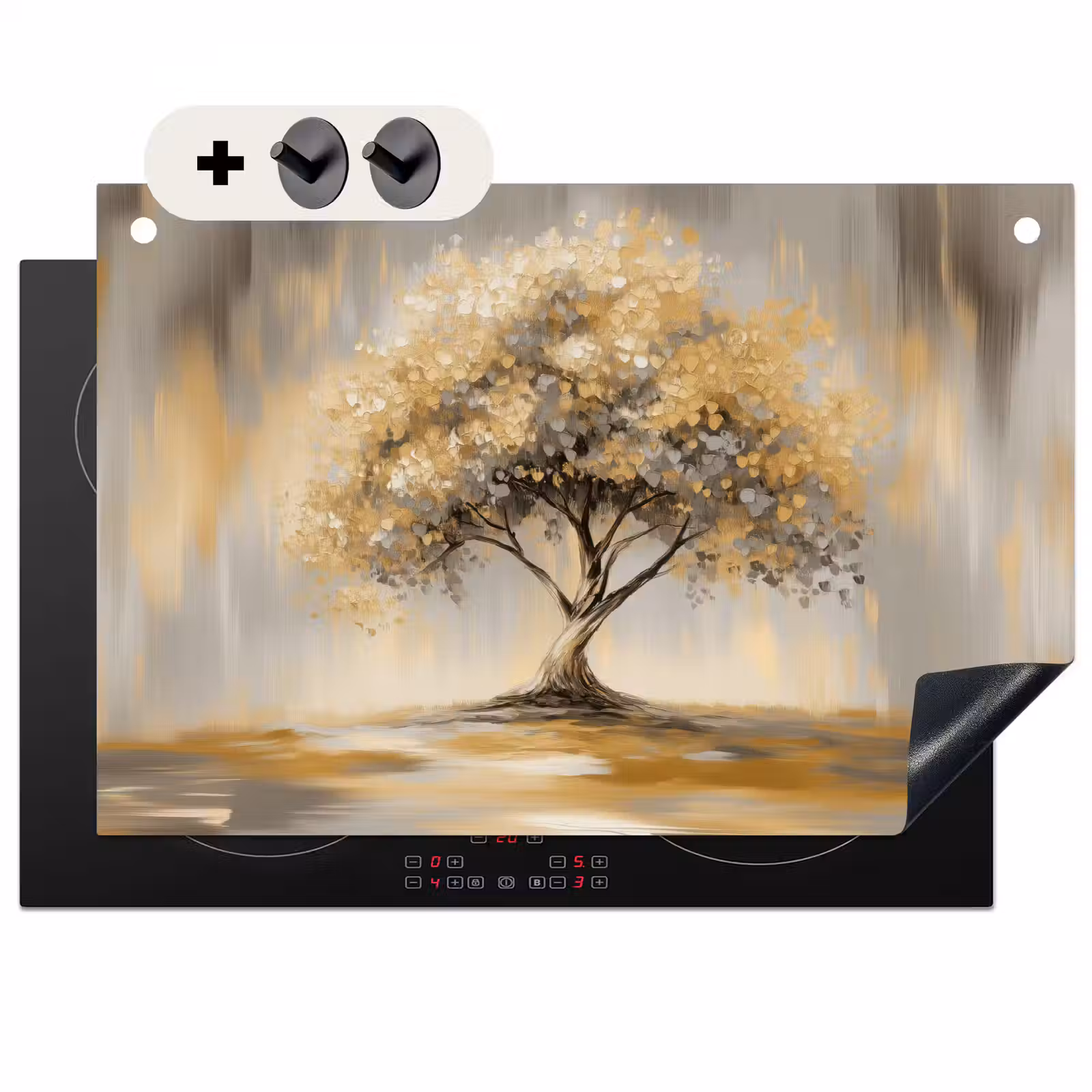 2-in-1 Herdabdeckplatte & Spritzschutz - Gemälde - Baum - Abstrakt - Blätter - Schilderij - Boom - Abstract - Bladeren Inductie beschemer met haakjes klein