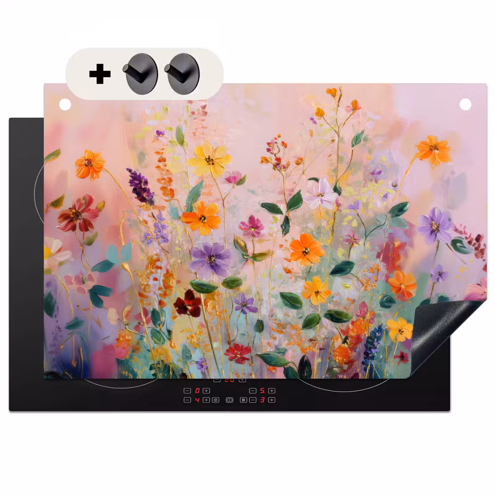 2-in-1 Herdabdeckplatte & Spritzschutz - Gemälde - Blumen - Abstrakt - Farbenfroh - Schilderij - Bloemen - Abstract - Kleurrijk Inductie beschemer met haakjes klein
