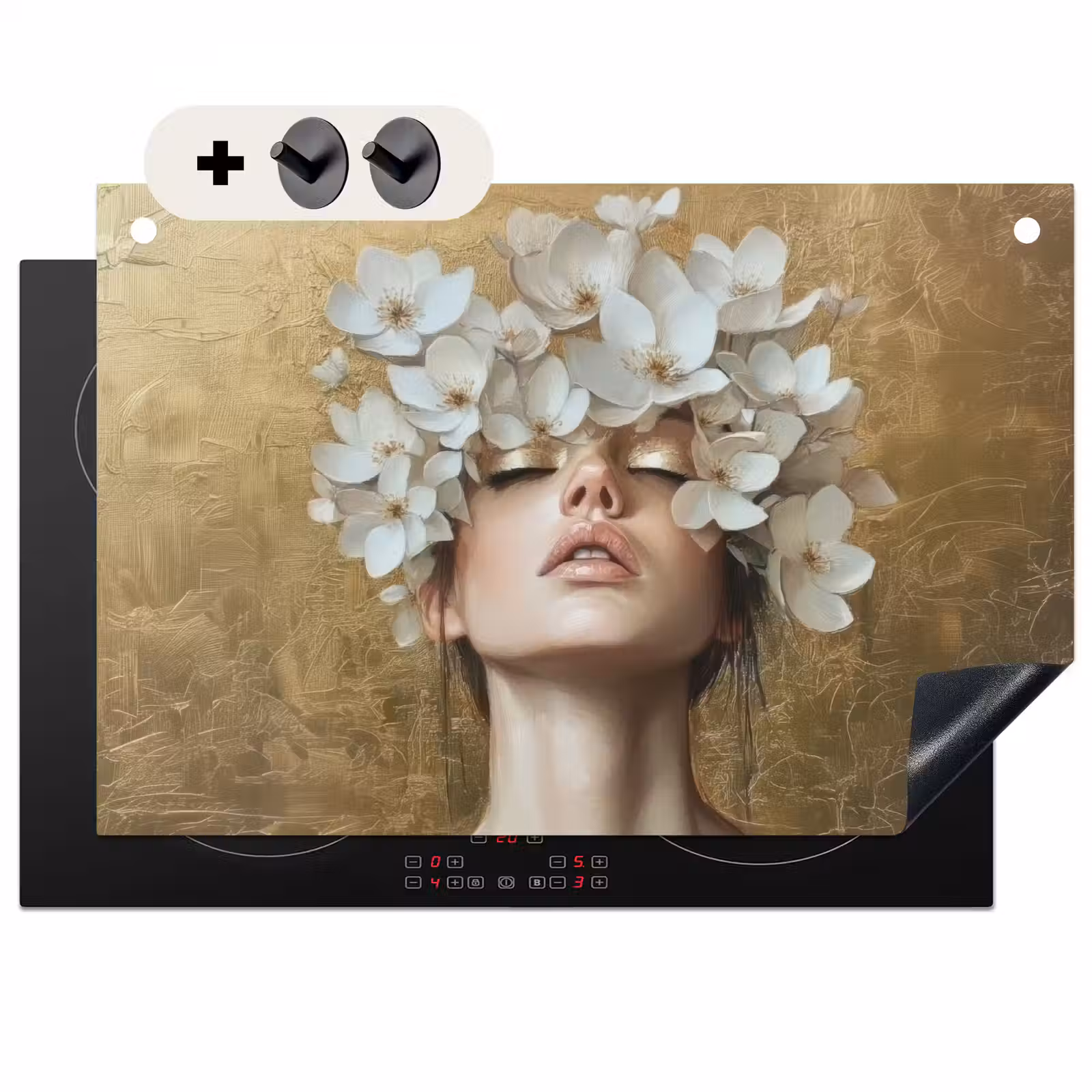 2-in-1 Herdabdeckplatte & Spritzschutz - Gesicht - Blumen - Gold - Abstrakt - Gezicht - Bloemen - Goud - Abstract Inductie beschemer met haakjes klein