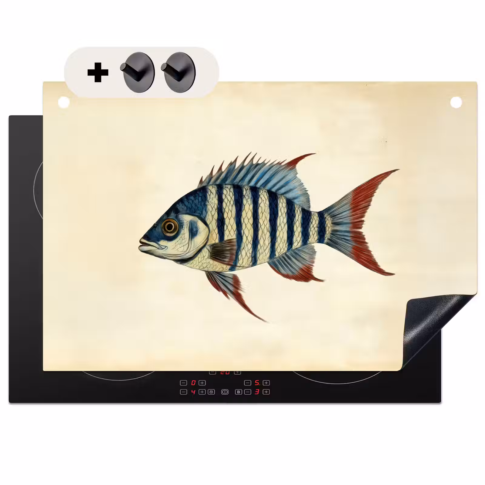 2-in-1 Herdabdeckplatte & Spritzschutz - Gestreift - Dunkelblau - Rückenflosse - Fisch — 1