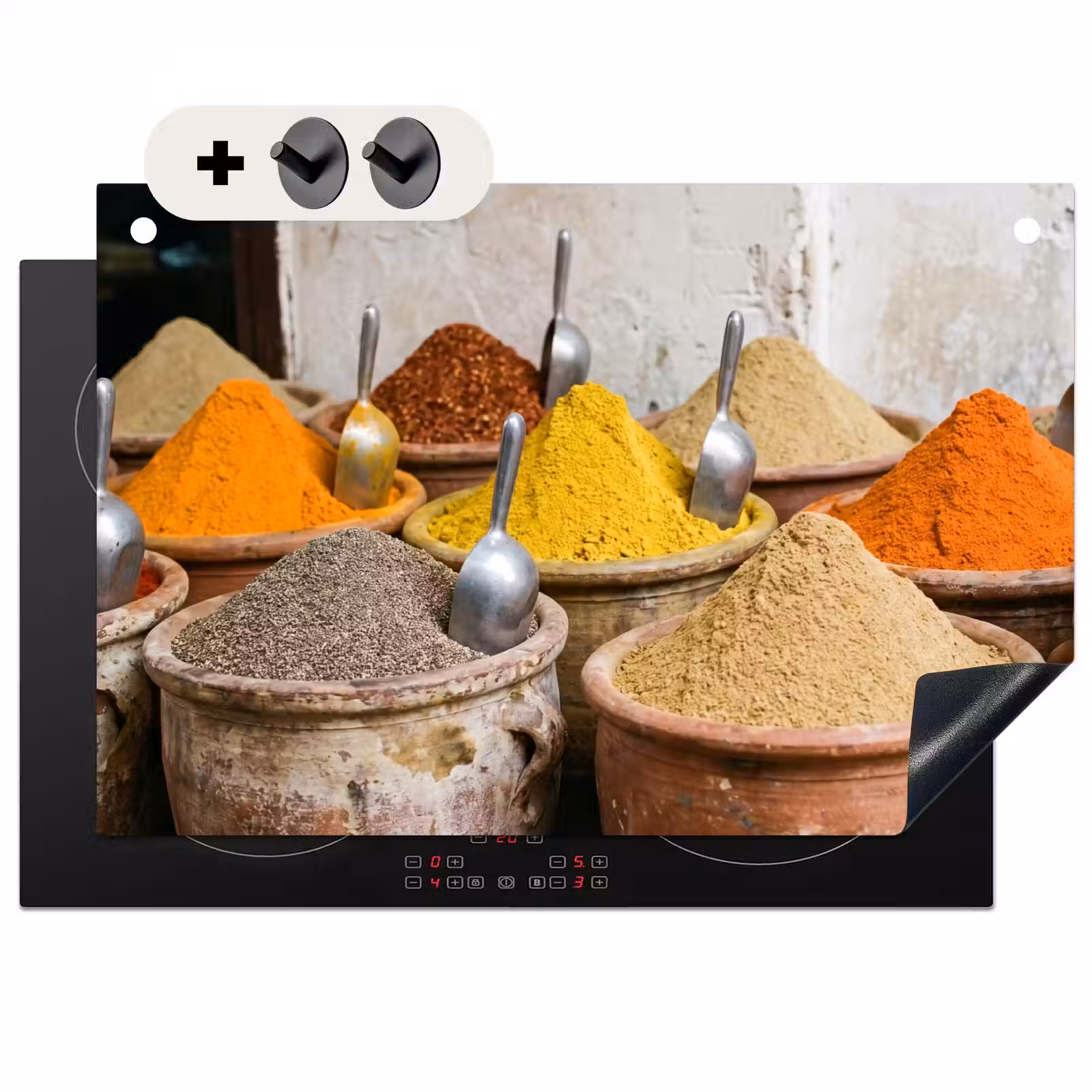 2-in-1 Herdabdeckplatte & Spritzschutz - Gewürze – Gläser – Orientalisch - Kruiden - Potten - Oosters Inductie beschemer met haakjes klein