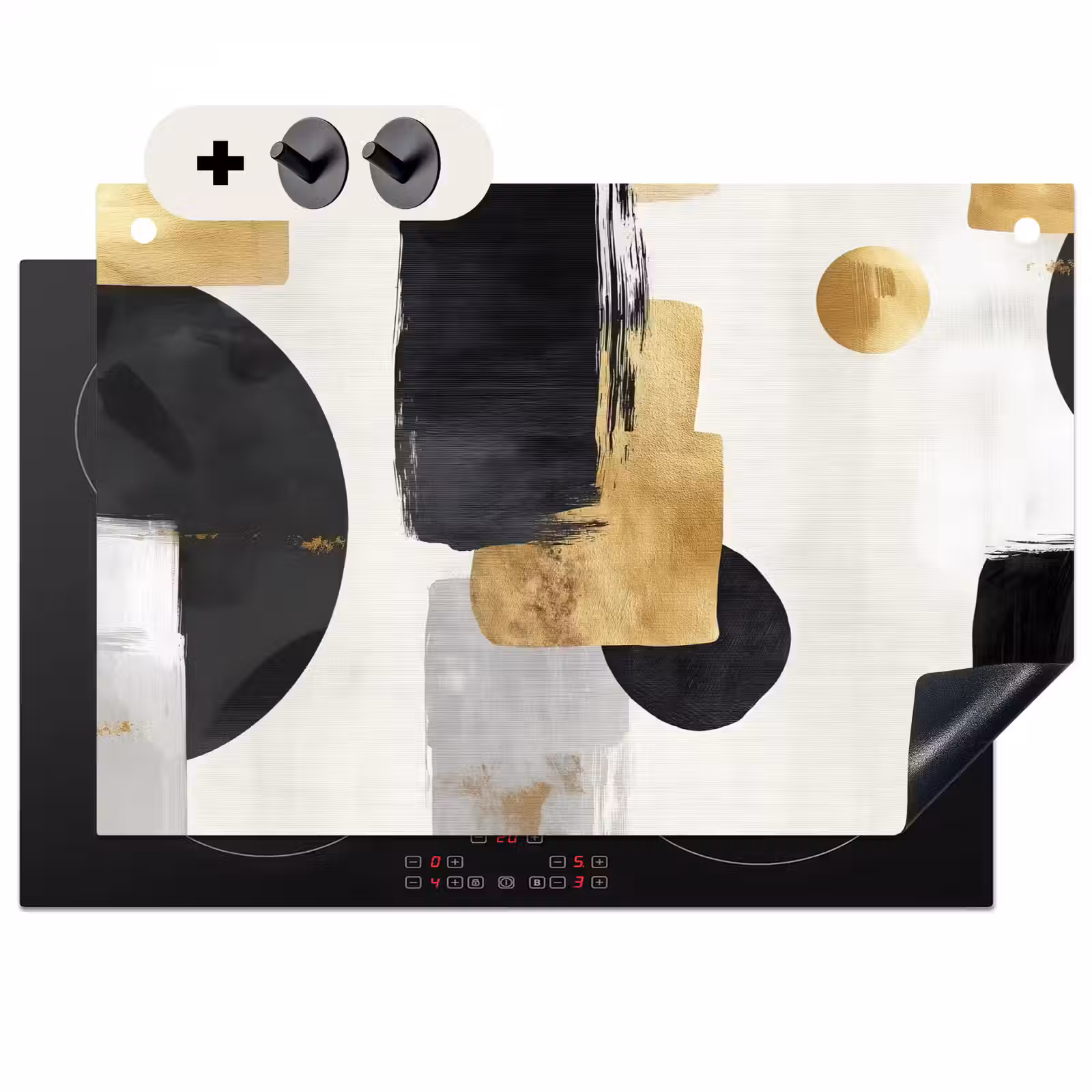 2-in-1 Herdabdeckplatte & Spritzschutz - Gold - Rechtecke - Kreise - Abstrakt - Goud - Rechthoeken - Cirkels - Abstract Inductie beschemer met haakjes klein