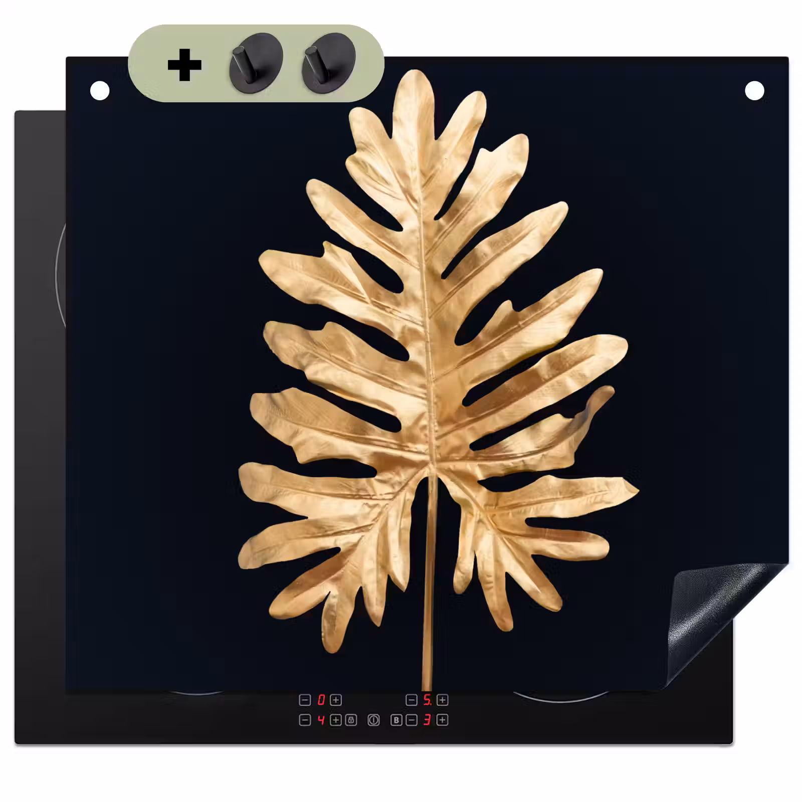 2-in-1 Herdabdeckplatte & Spritzschutz - Goldenes Monstera-Blatt - Gouden Monstera Majesteit Inductie beschemer met haakjes middel