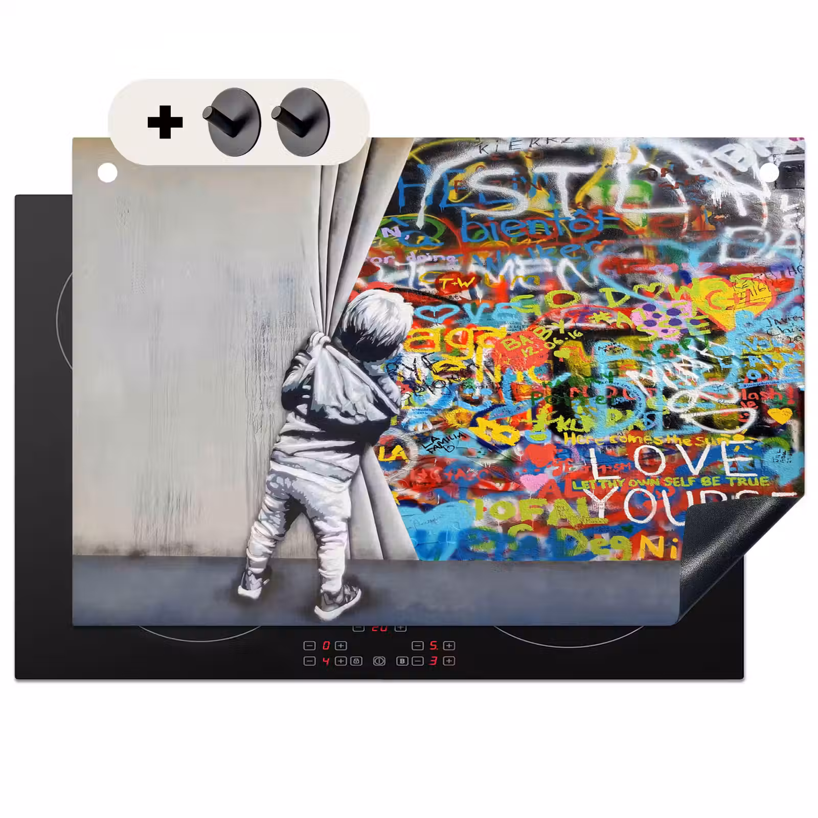 2-in-1 Herdabdeckplatte & Spritzschutz - Graffiti - Illusion - Junge - Straßenkunst - Graffiti - Illusie - Jongen - Street art Inductie beschemer met haakjes klein