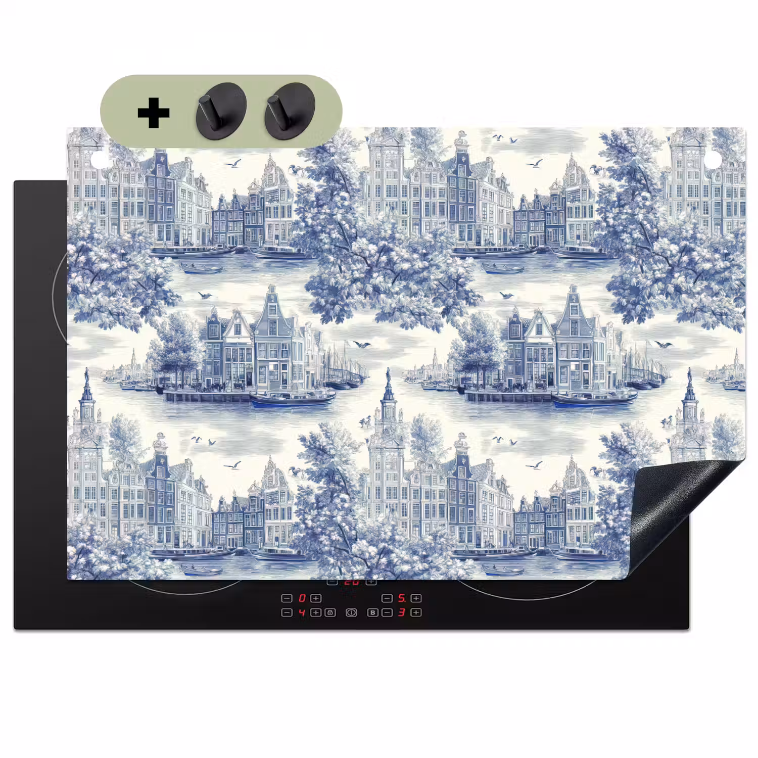 Huizen - Bomen - Water - Vogels - Blauw Inductie beschemer met haakjes klein 777 -3d