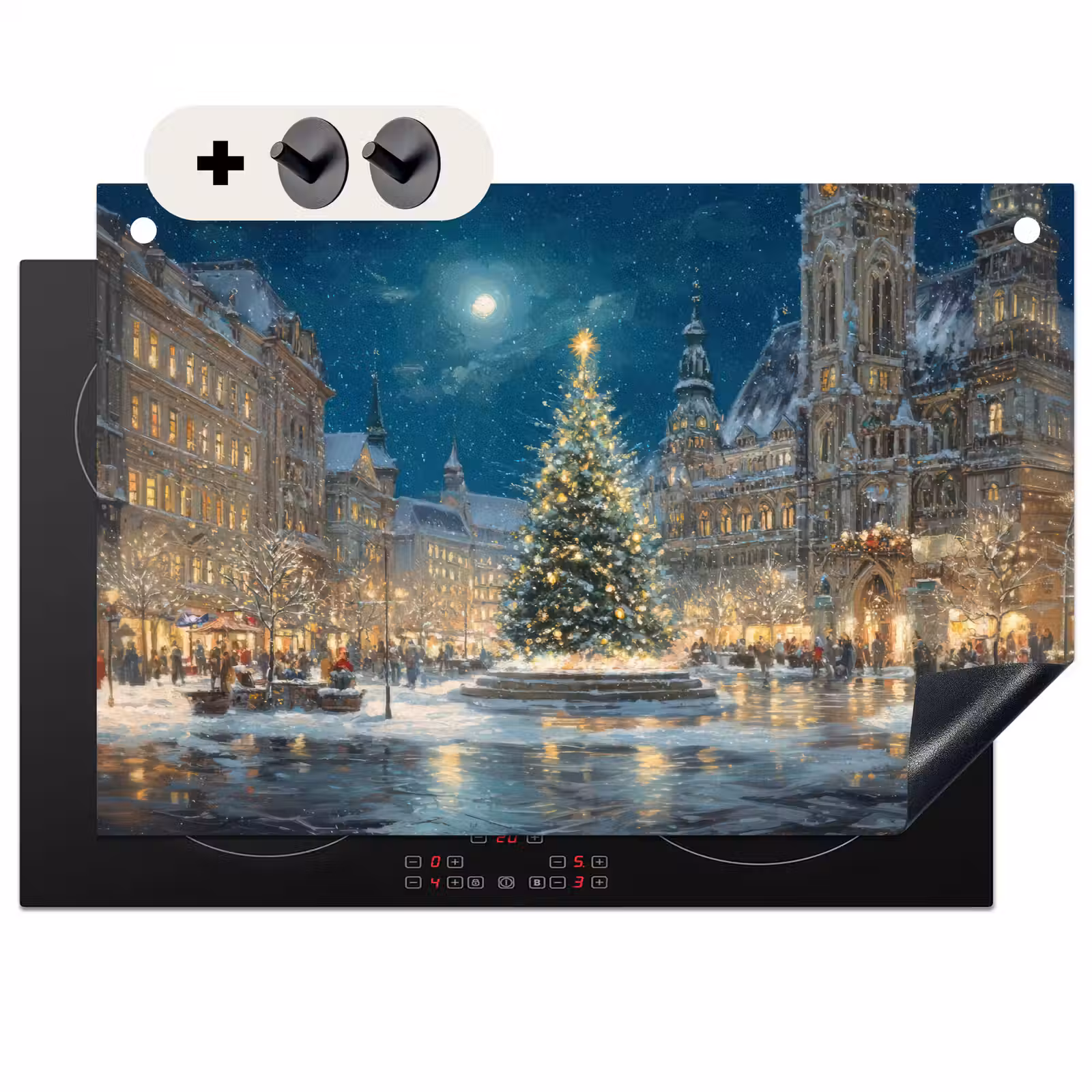 2-in-1 Herdabdeckplatte & Spritzschutz - Heiligabend - Town Square - Mehrfarbig - Kerstnacht - Stadsplein - Meerkleurig Inductie beschemer met haakjes klein