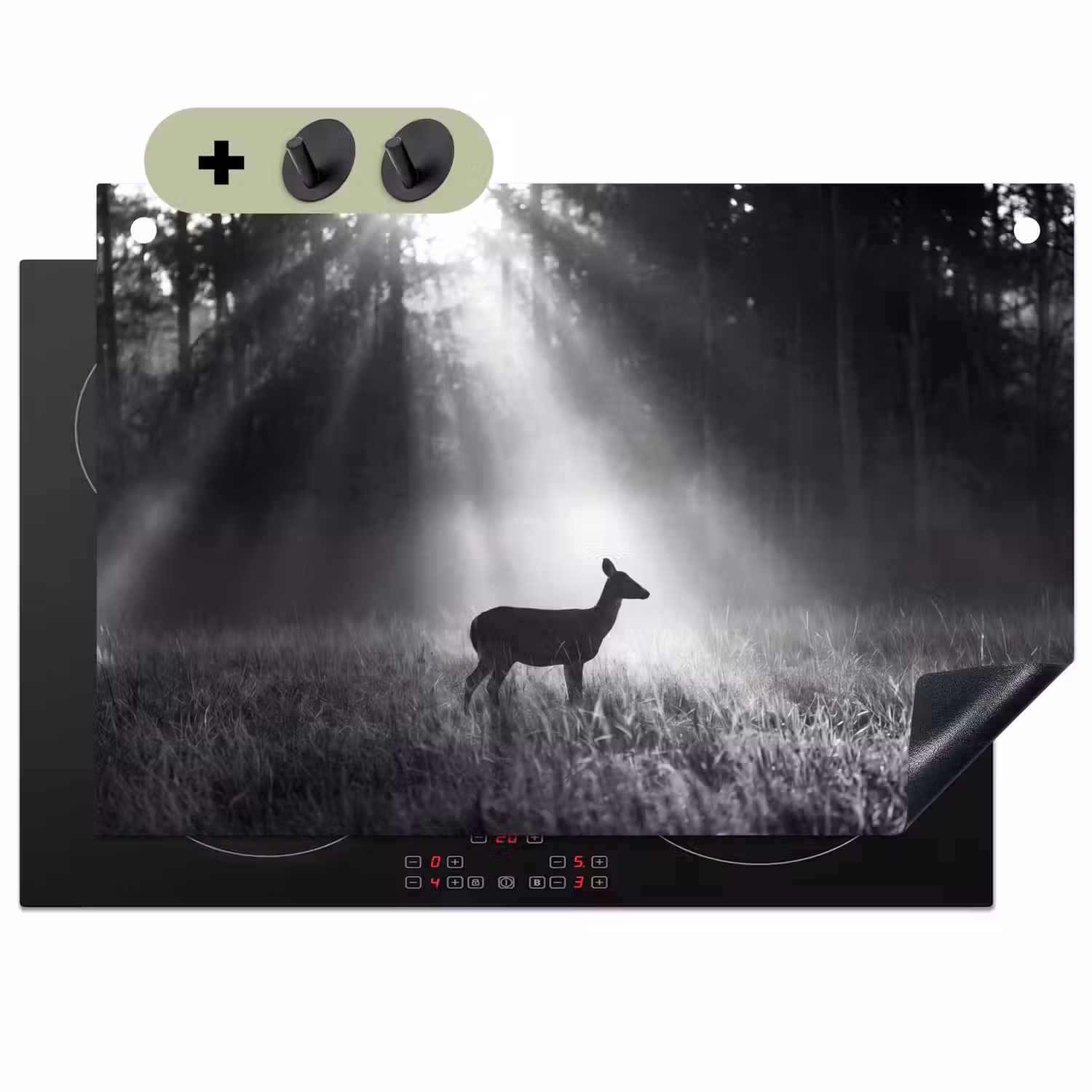 Hert - Bos - Zonnestralen - Zwart-wit - Natuur Inductie beschemer met haakjes klein -3d