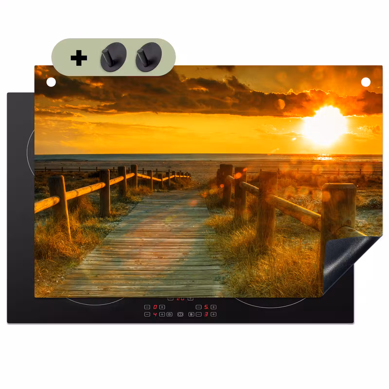 2-in-1 Herdabdeckplatte & Spritzschutz - Hölzerner Pfad zum Sonnenuntergang - Houten Pad naar de Zonsondergang Inductie beschemer met haakjes klein