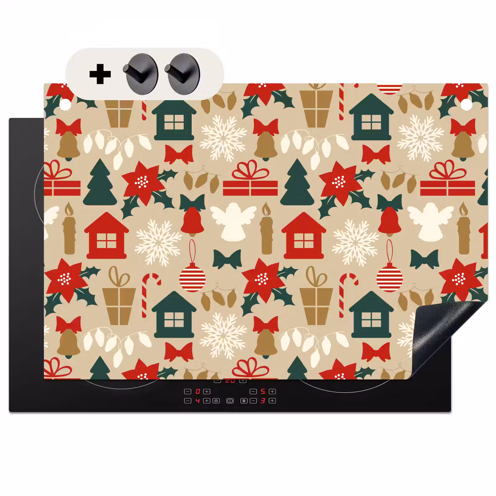 2-in-1 Herdabdeckplatte & Spritzschutz - Illustration - Weihnachten - Beige - Illustratie - Kerst - Beige Inductie beschemer met haakjes klein 777
