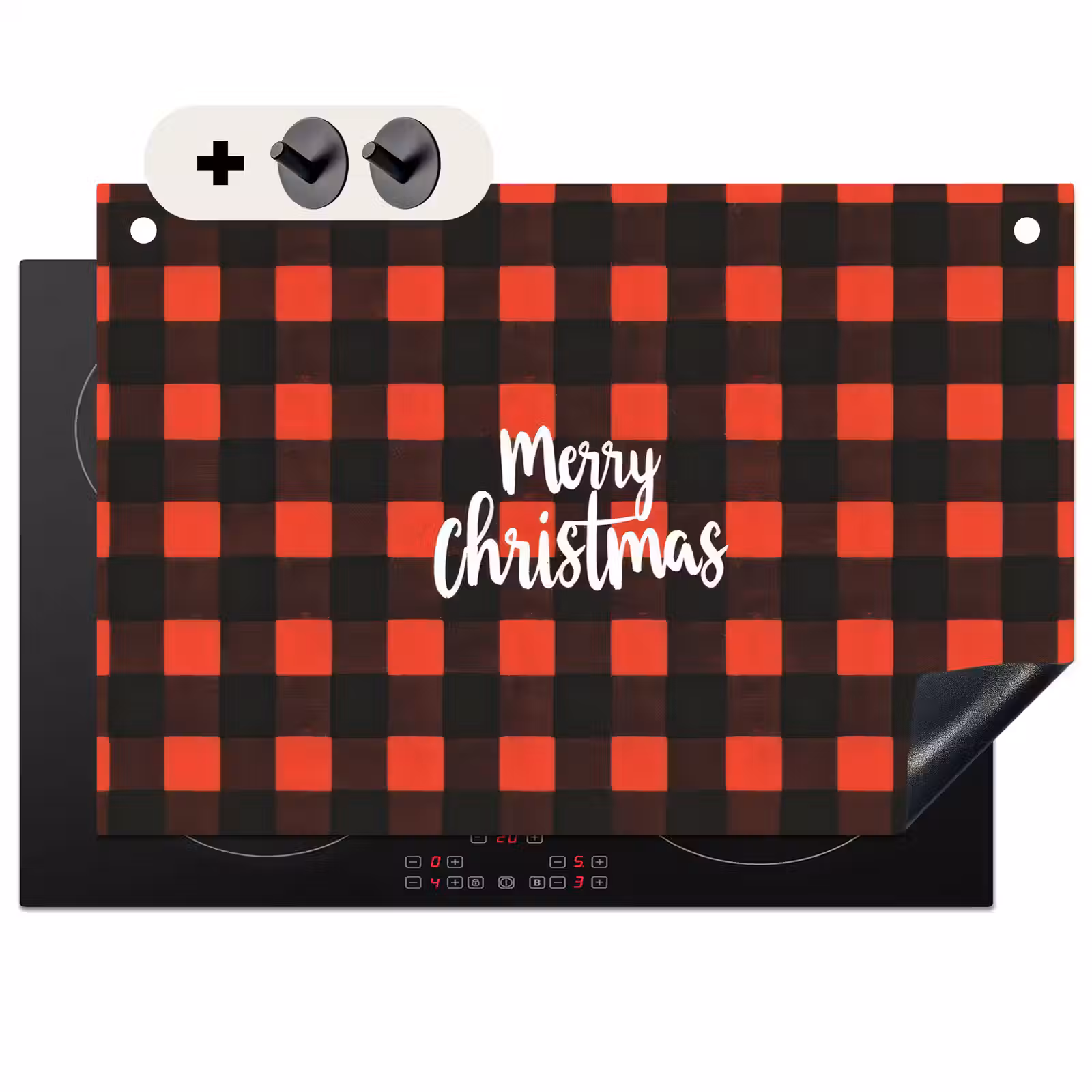 2-in-1 Herdabdeckplatte & Spritzschutz - Kariert - Rot - Text - Weihnachten - Geruit - Rood - Tekst - Christmas Inductie beschemer met haakjes klein