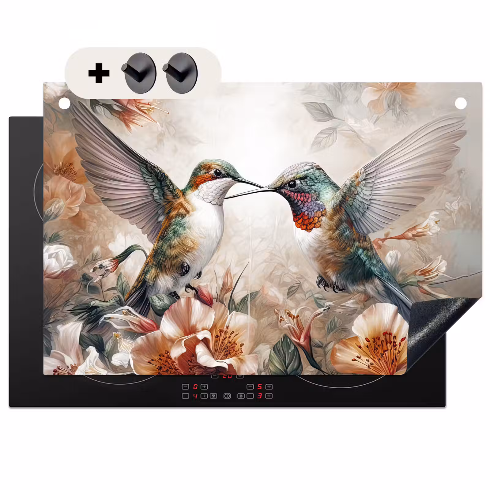 2-in-1 Herdabdeckplatte & Spritzschutz - Kolibri - Vögel - Blumen - Natur - Kolibrie - Vogels - Bloemen - Natuur Inductie beschemer met haakjes klein