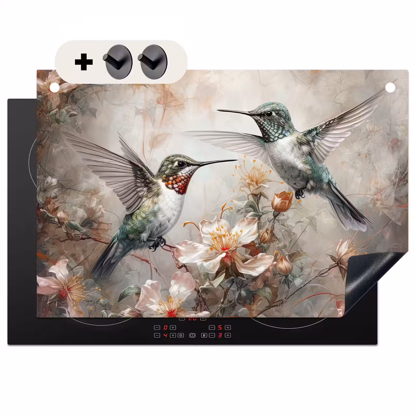 2-in-1 Herdabdeckplatte & Spritzschutz - Kolibri - Vögel - Blumen - Pflanzen - Kolibrie - Vogels - Bloemen - Planten Inductie beschemer met haakjes klein