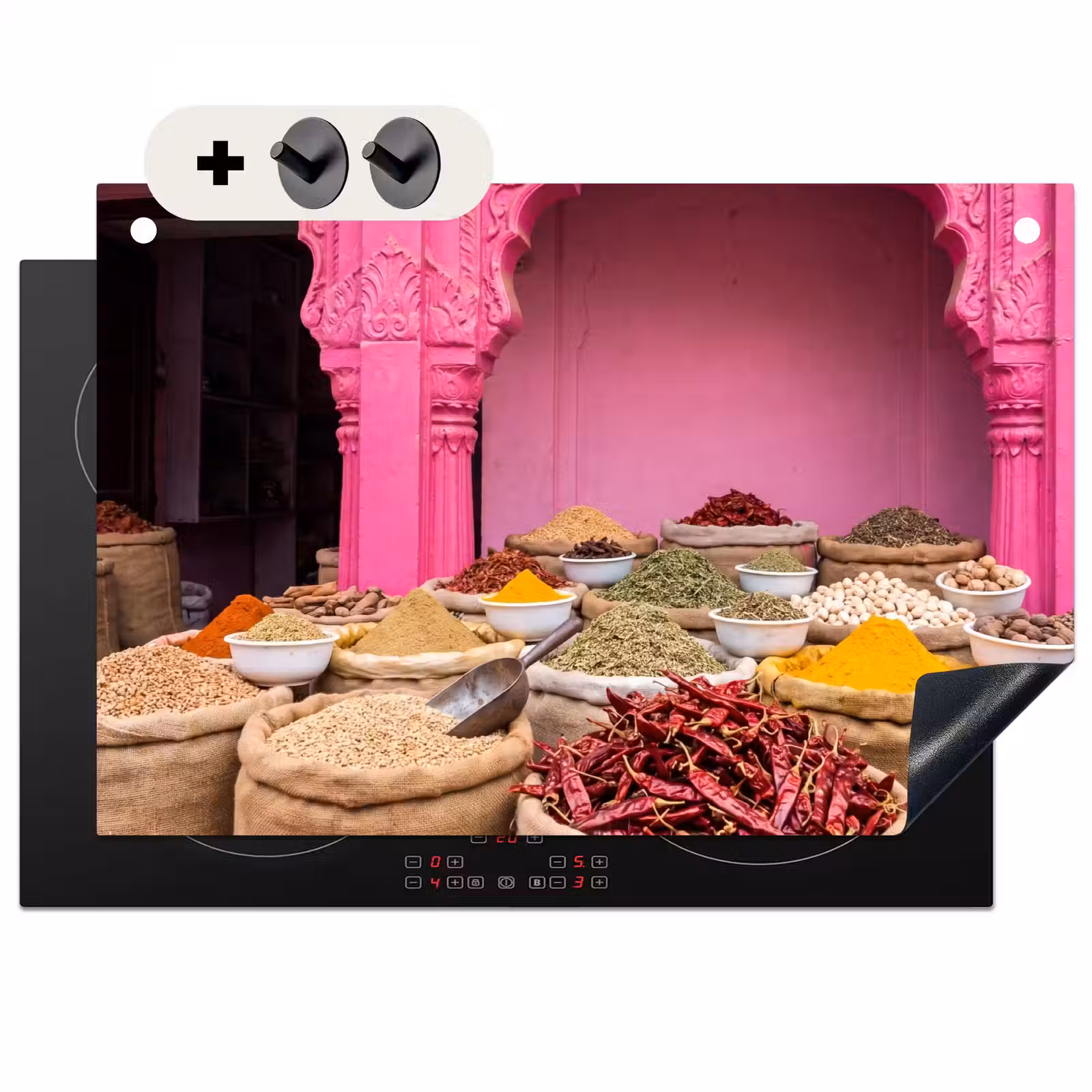 2-in-1 Herdabdeckplatte & Spritzschutz - Kräuter – Markt – Rosa - Kruiden - Markt - Roze Inductie beschemer met haakjes klein