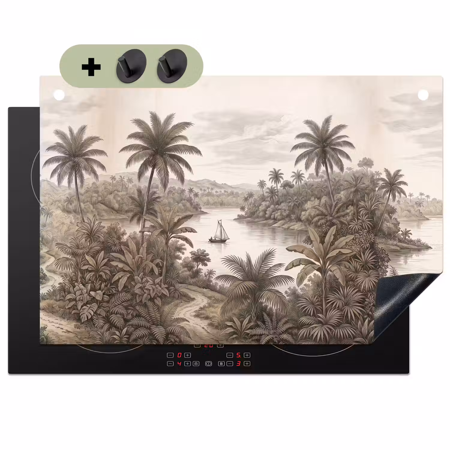 Landschap - Rivier - Boot - Tropisch - Vintage Inductie beschemer met haakjes klein -3d