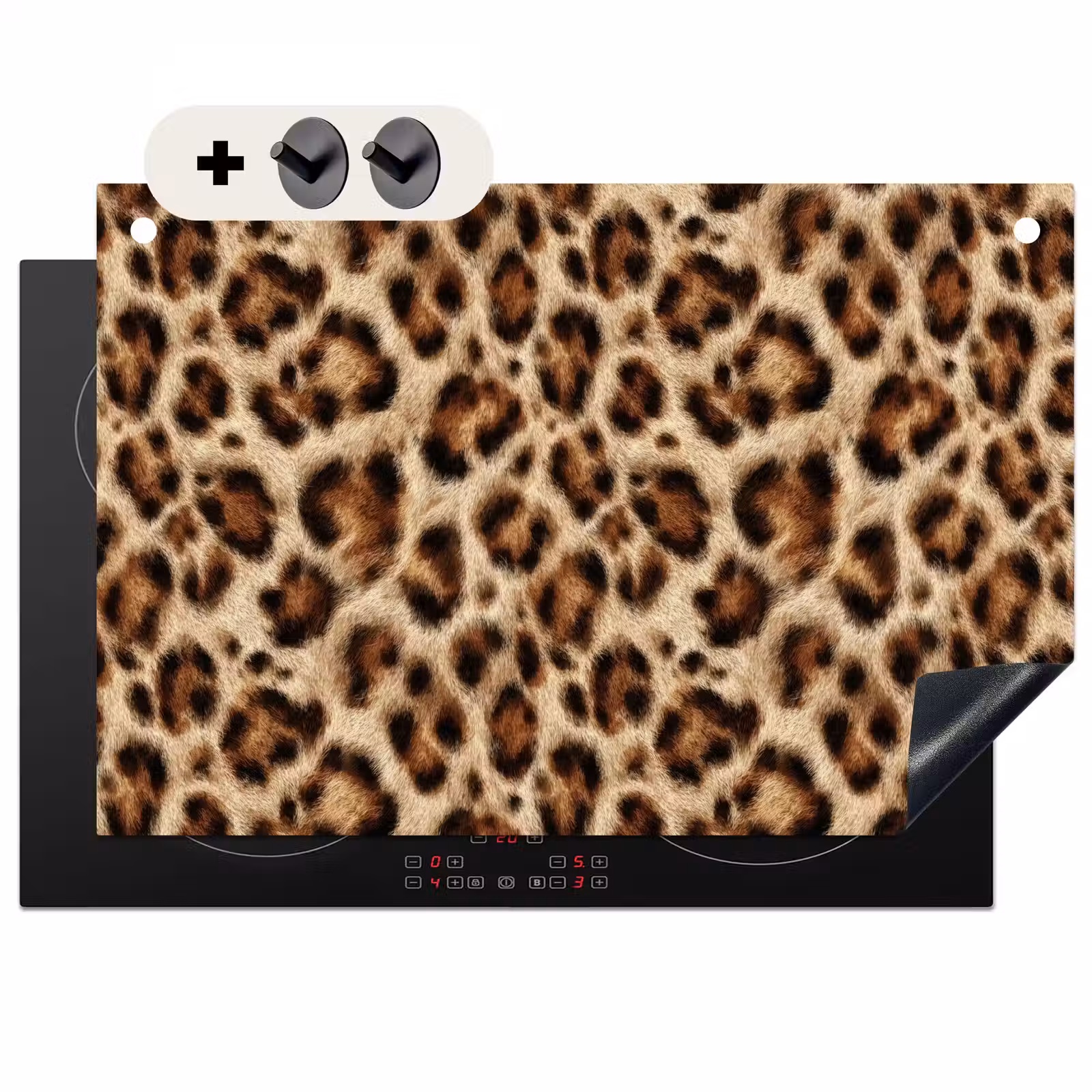 2-in-1 Herdabdeckplatte & Spritzschutz - Leopard – Braun – Fell - Luipaard - Bruin - Vacht Inductie beschemer met haakjes klein 777