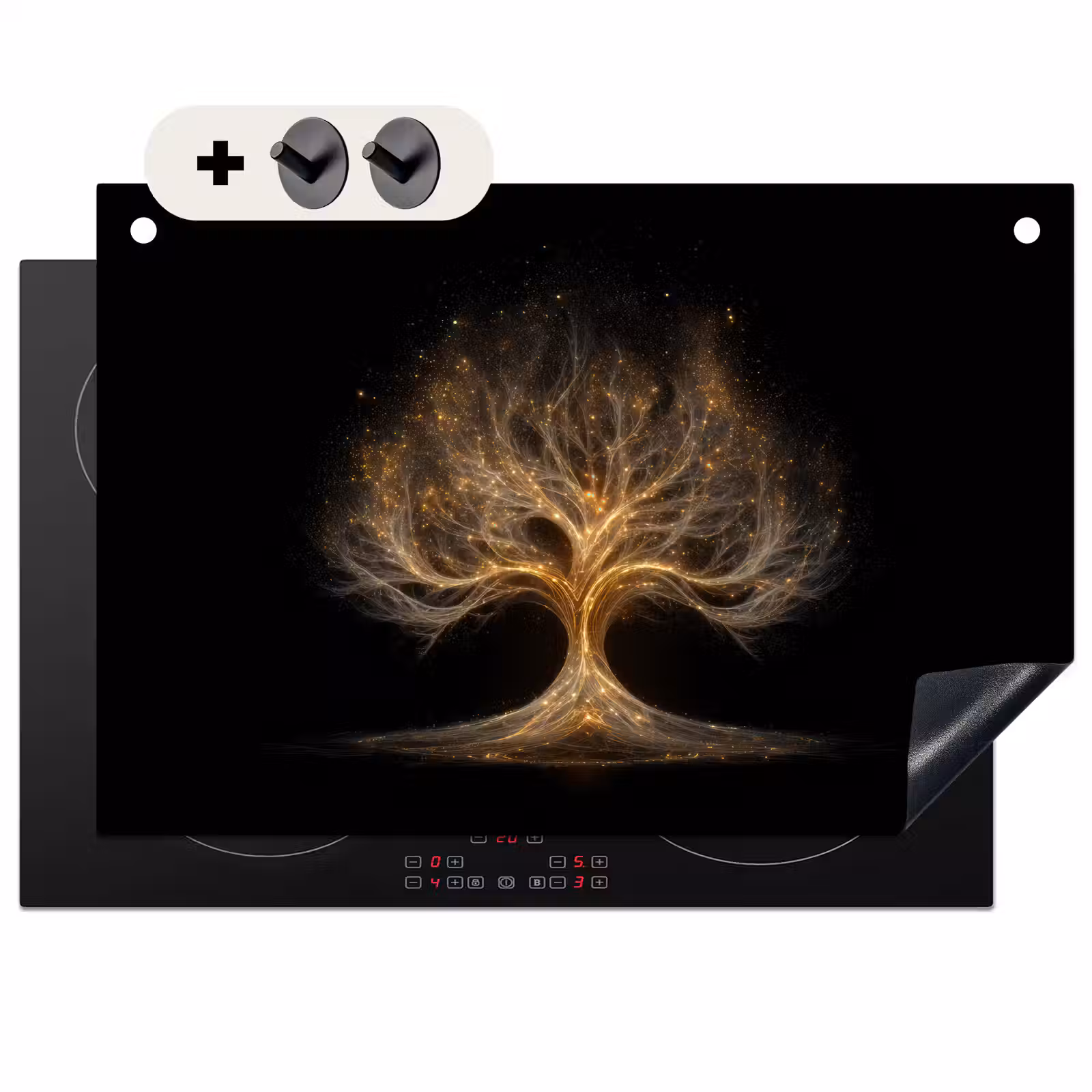 2-in-1 Herdabdeckplatte & Spritzschutz - Lichter - Baum - Abstrakt - Schwarz - Lichtjes - Boom - Abstract - Zwart Inductie beschemer met haakjes klein