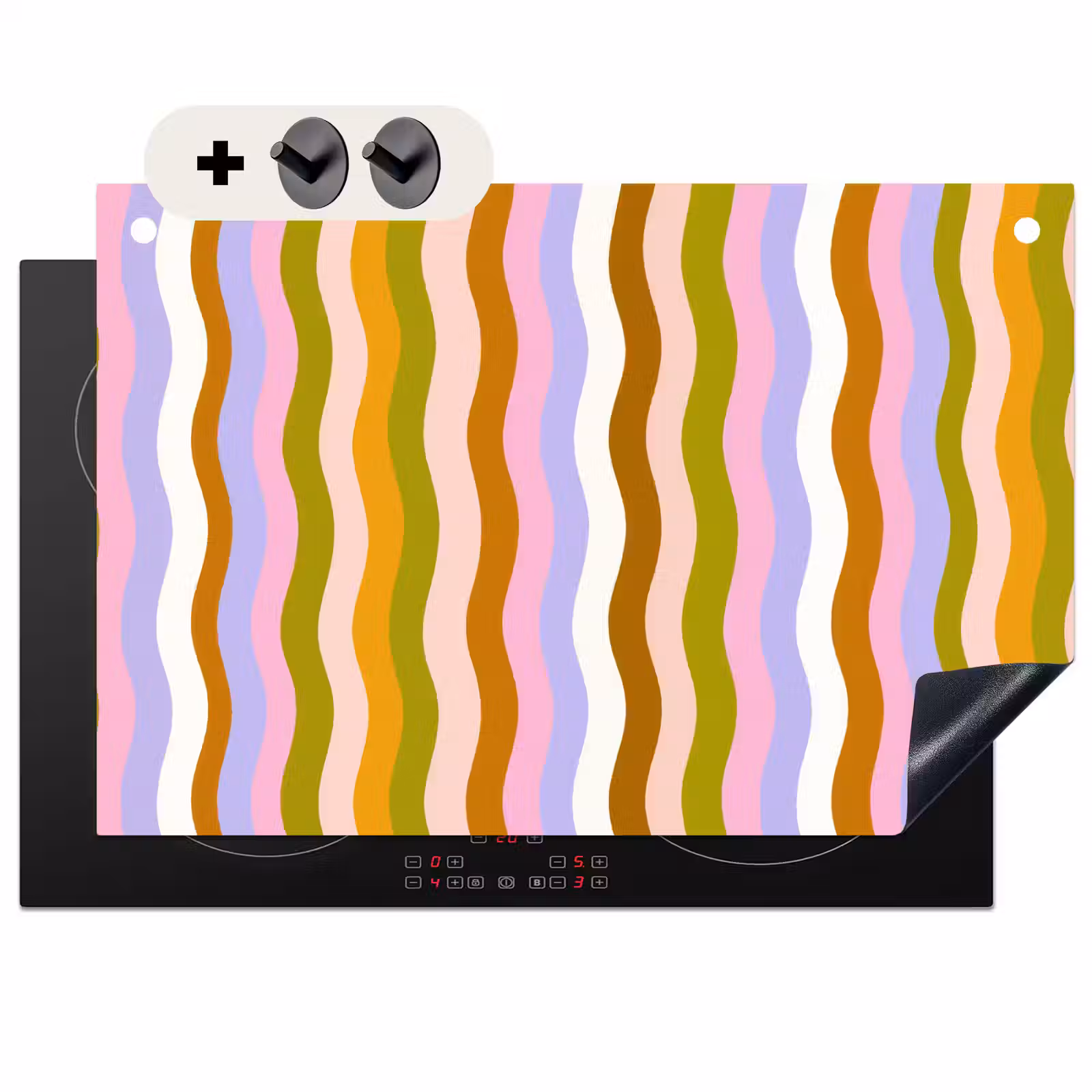 2-in-1 Herdabdeckplatte & Spritzschutz - Linien - Wellen - Pastellfarben - Muster - lijnen - Golven - Pastelkleuren - Patroon Inductie beschemer met haakjes klein