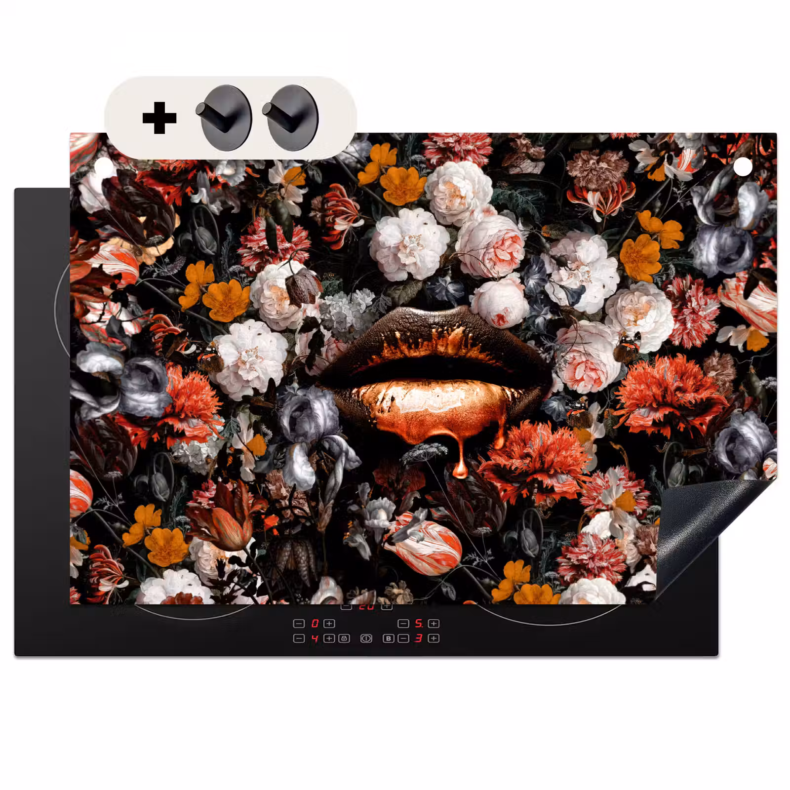 2-in-1 Herdabdeckplatte & Spritzschutz - Lippen - Blumen - Farbe - Orange - Kunst - Abstrakt - Alte Meister - Lippen - Bloemen - Verf - Oranje - Kunst - Abstract - Oude meesters Inductie beschemer met haakjes klein