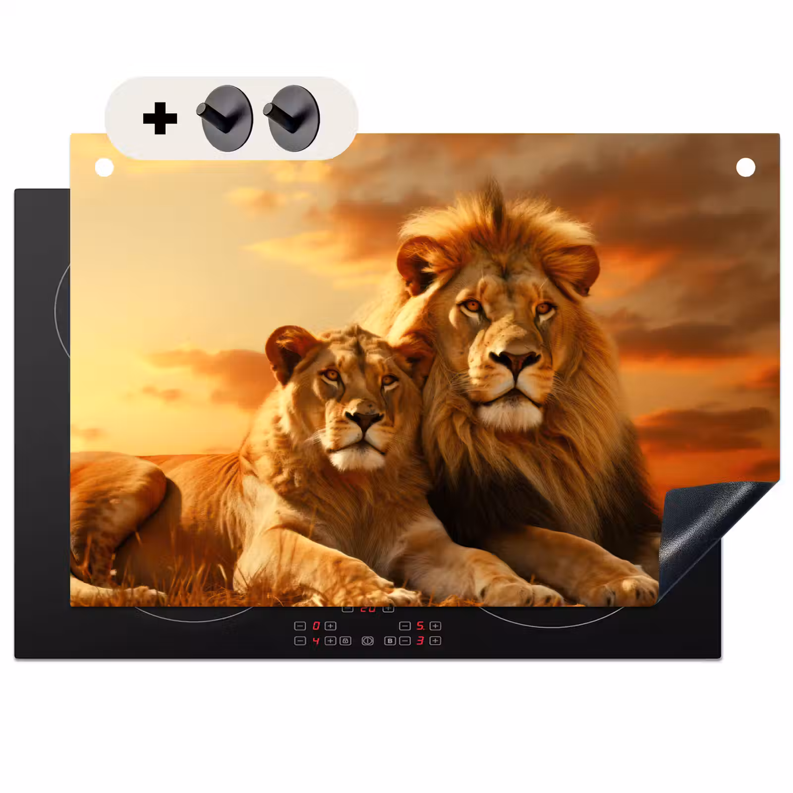 2-in-1 Herdabdeckplatte & Spritzschutz - Löwen - Sonnenuntergang - Afrika - Savanne - Tiere - Leeuwen - Zonsondergang - Afrika - Savanne - Dieren Inductie beschemer met haakjes klein