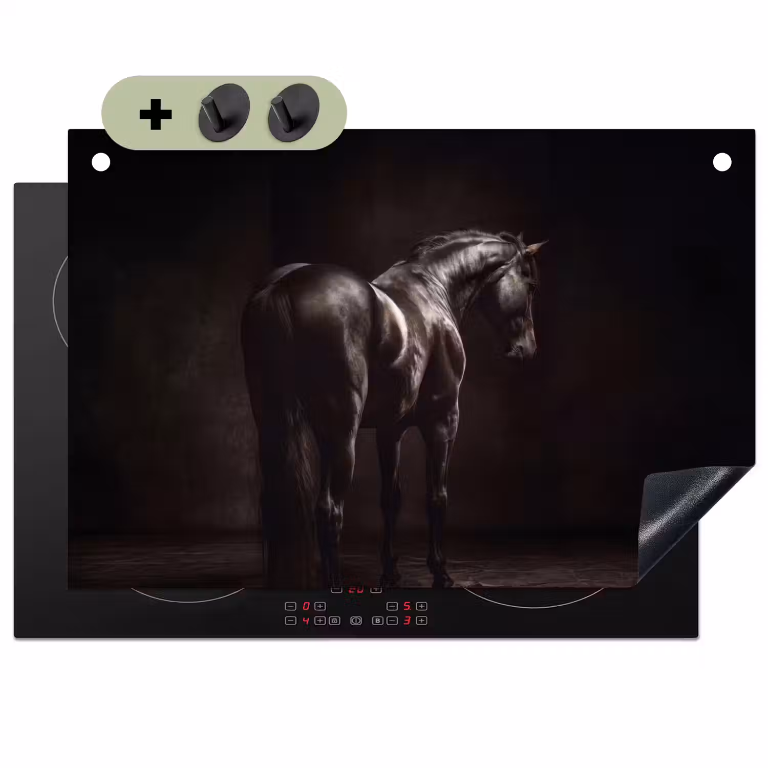 Krachtig - Paard - Donker Inductie beschemer met haakjes klein -3d