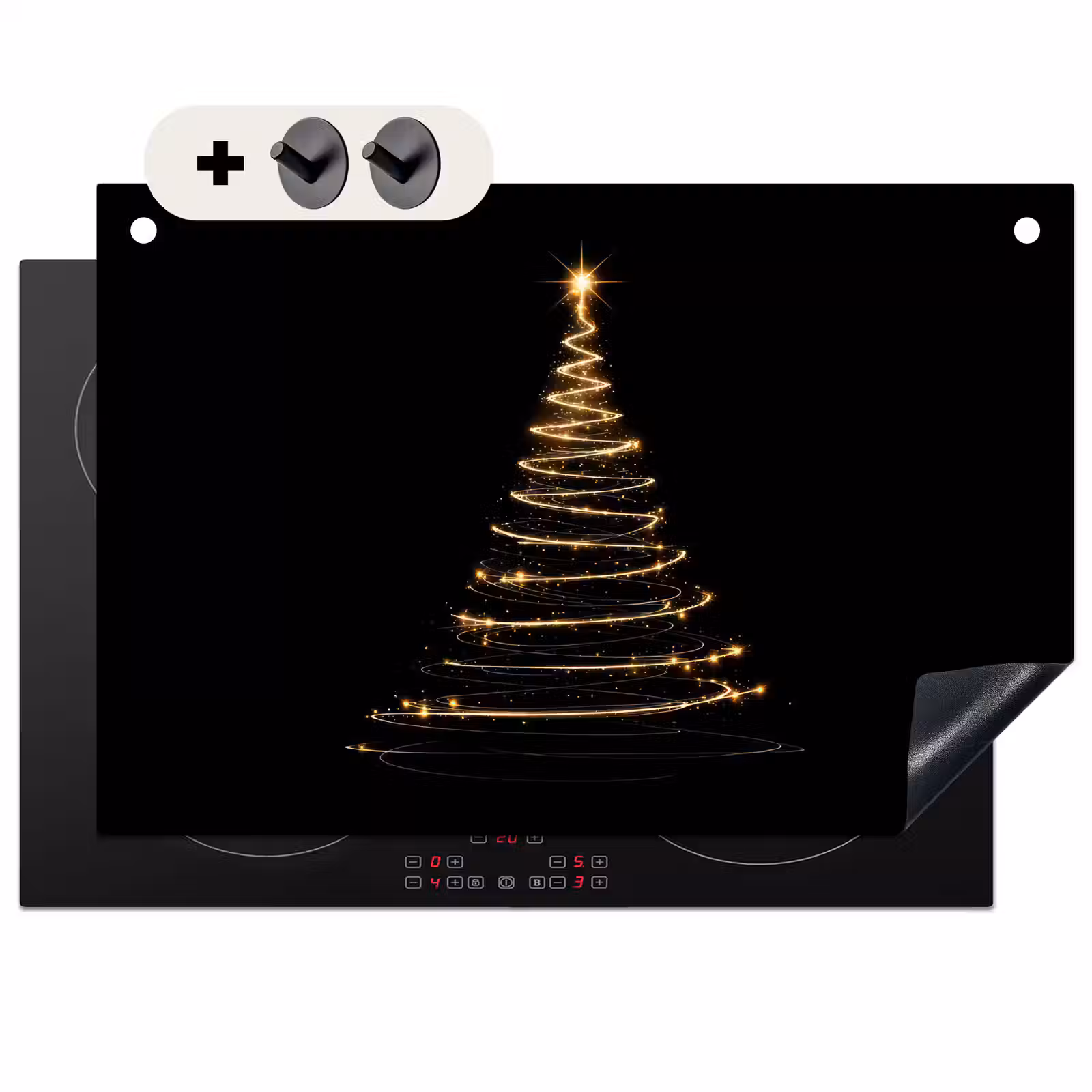 2-in-1 Herdabdeckplatte & Spritzschutz - Magie - Weihnachtsbaum - Lichtspiralen - Schwarz - Magisch - Kerstboom - Lichtspiralen - Zwart Inductie beschemer met haakjes klein