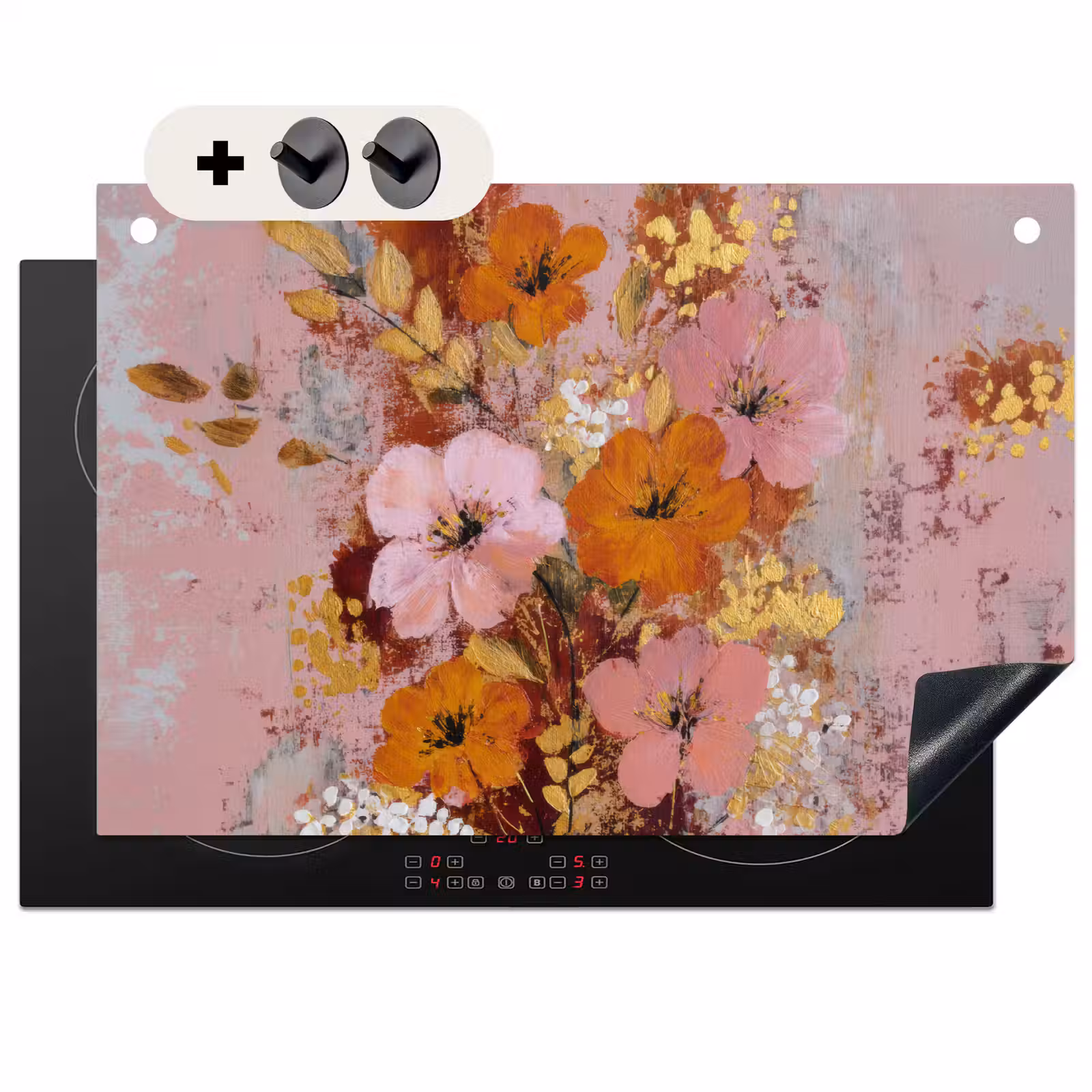 2-in-1 Herdabdeckplatte & Spritzschutz - Malerei - Blumen - Rustikal - Rosa - Schilderij - Bloemen - Rustiek - Roze Inductie beschemer met haakjes klein