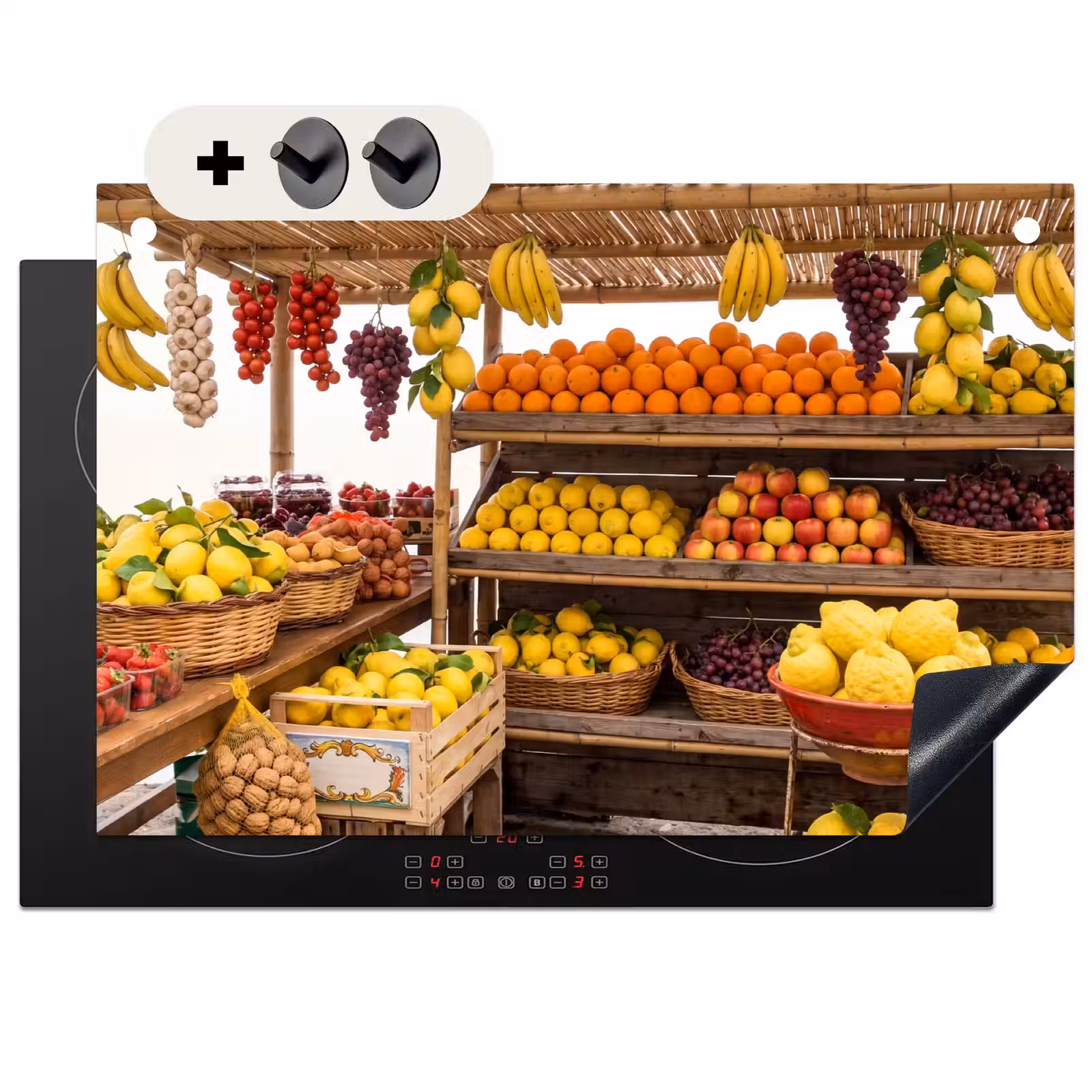 2-in-1 Herdabdeckplatte & Spritzschutz - Marktstand – Obst – Frisch - Marktkraam - Fruit - Vers Inductie beschemer met haakjes klein