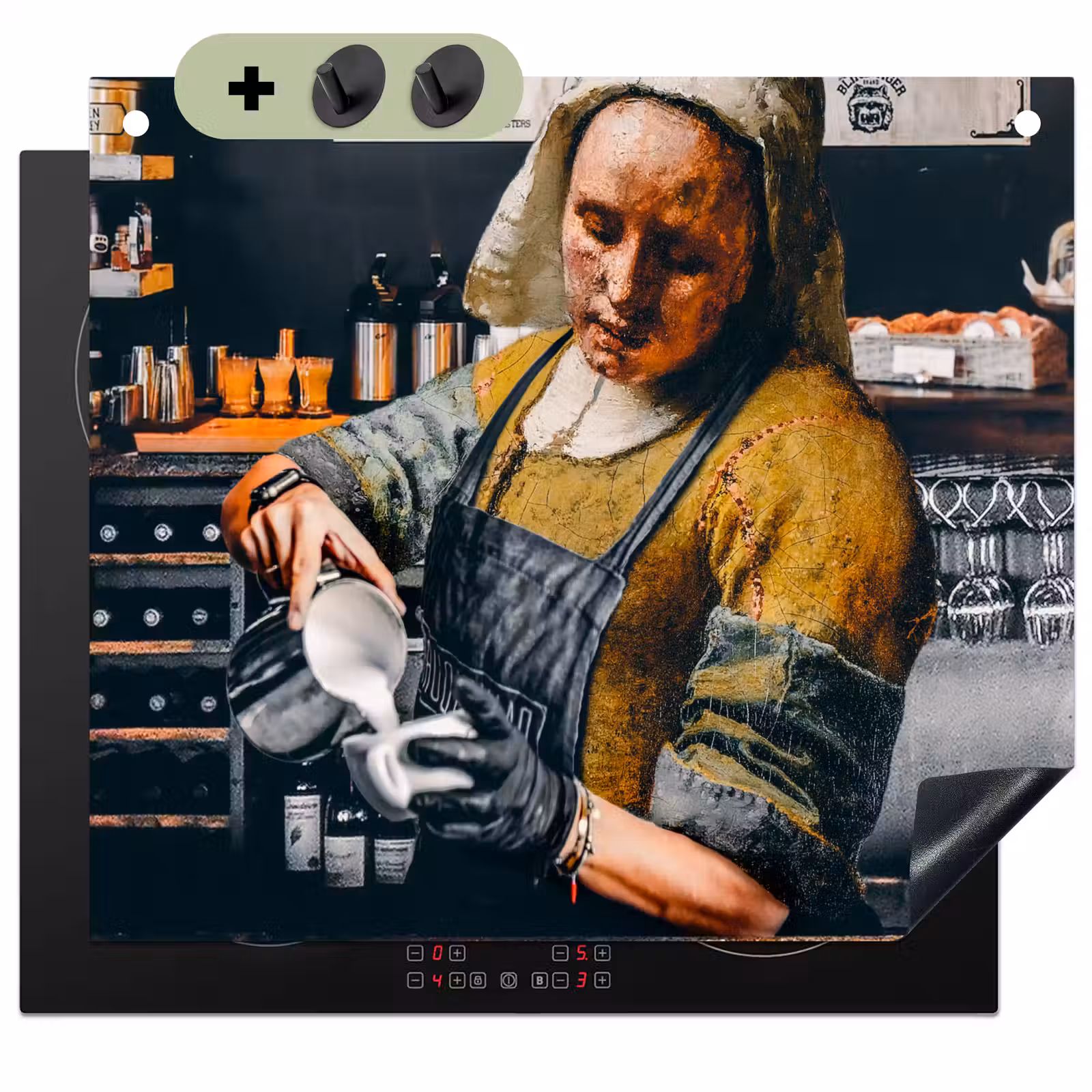 2-in-1 Herdabdeckplatte & Spritzschutz - Milchmädchen - Barista - Kaffee - Vintage - Kunst - Abstrakt - Malerei - Alte Meister - Melkmeisje - Barista - Koffie - Vintage - Kunst - Abstract - Schilderij - Oude meesters Inductie beschemer met haakjes middel
