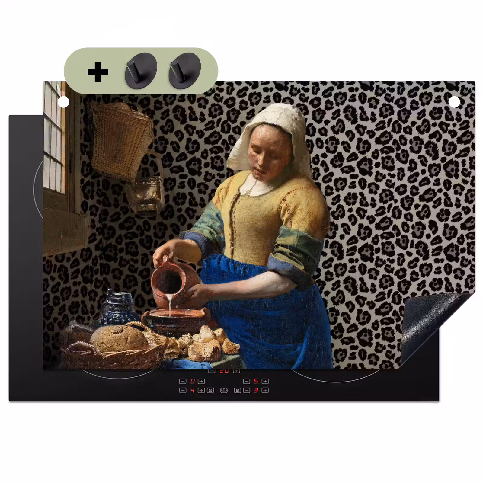 2-in-1 Herdabdeckplatte & Spritzschutz - Milchmädchen - Kunst - Pantherdruck - Vermeer - Gemälde - Alte Meister - Melkmeisje - Kunst - Panterprint - Vermeer - Schilderij - Oude meesters Inductie beschemer met haakjes klein