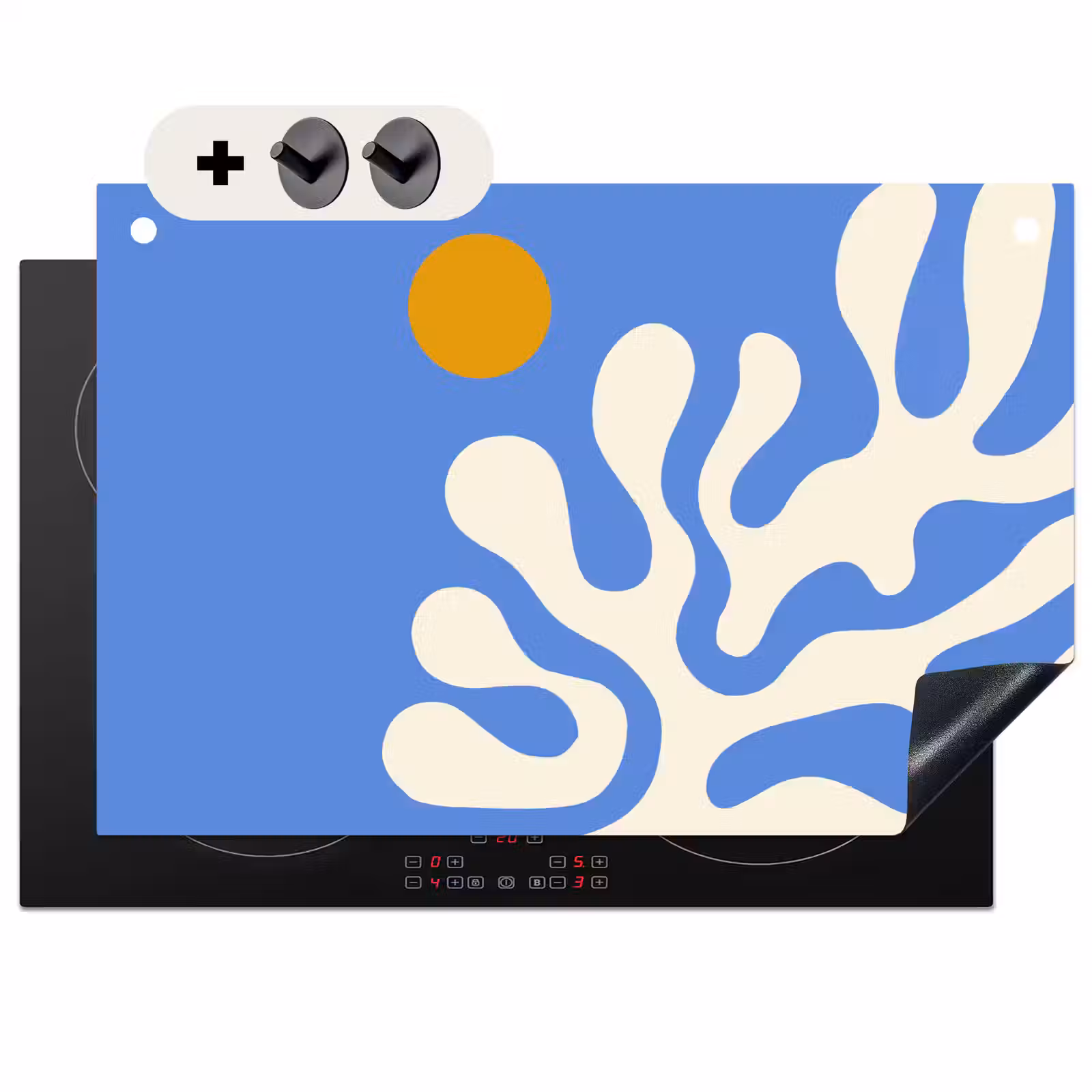 2-in-1 Herdabdeckplatte & Spritzschutz - Minimalistisch - Organisches Muster - Blau - Minimalistisch - Organisch patroon - Blauw Inductie beschemer met haakjes klein