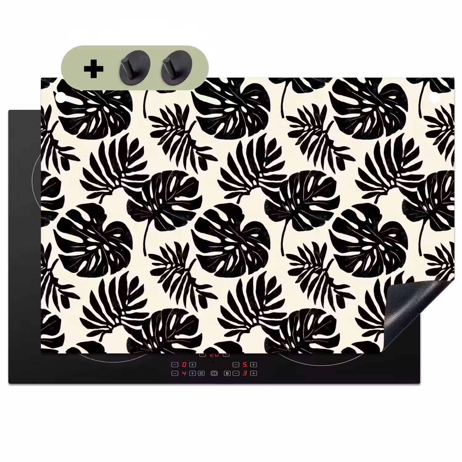 Modern - Monstera - Zwart Inductie beschemer met haakjes klein 777 -3d