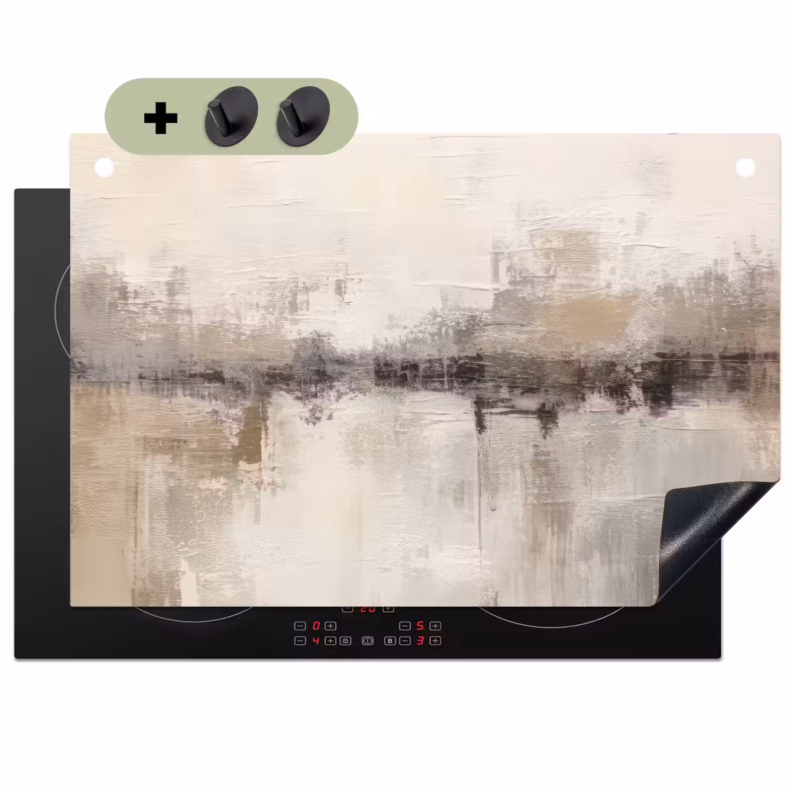 2-in-1 Herdabdeckplatte & Spritzschutz - Moderne Kunst - Abstrakt - Beige - Moderne kunst - Abstract - Beige Inductie beschemer met haakjes klein