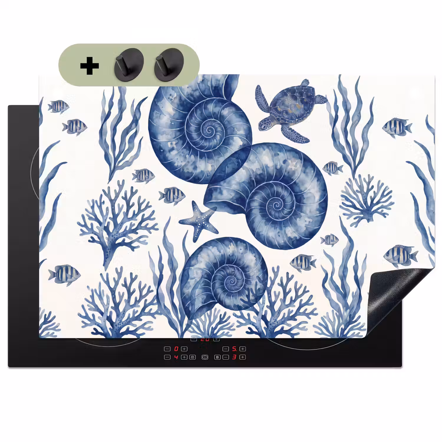 Schelp - Spiraal - Zeeleven - Aquarel - Blauw Inductie beschemer met haakjes klein -3d