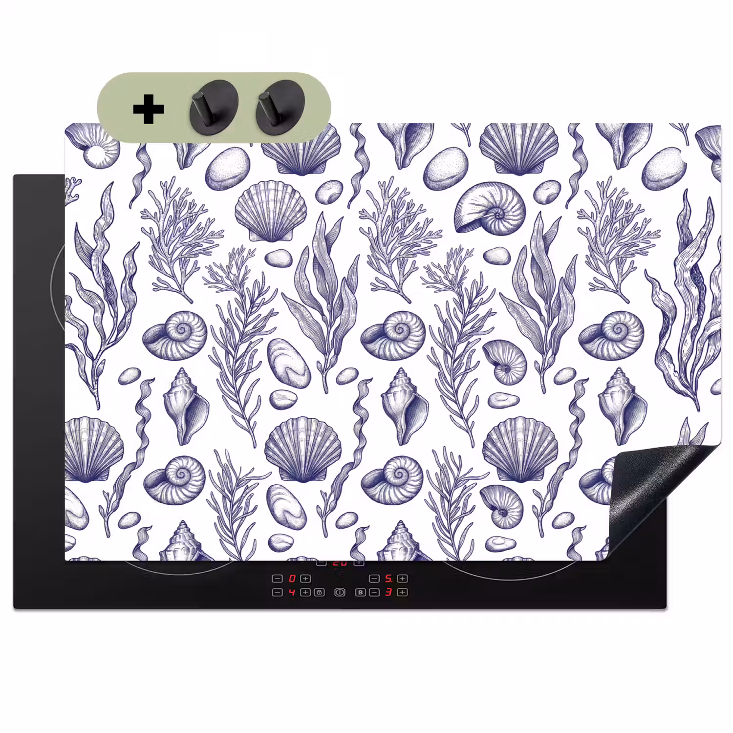 Schelpen - Zeewier - Oceaan - Illustratie - Blauw Inductie beschemer met haakjes klein -3d