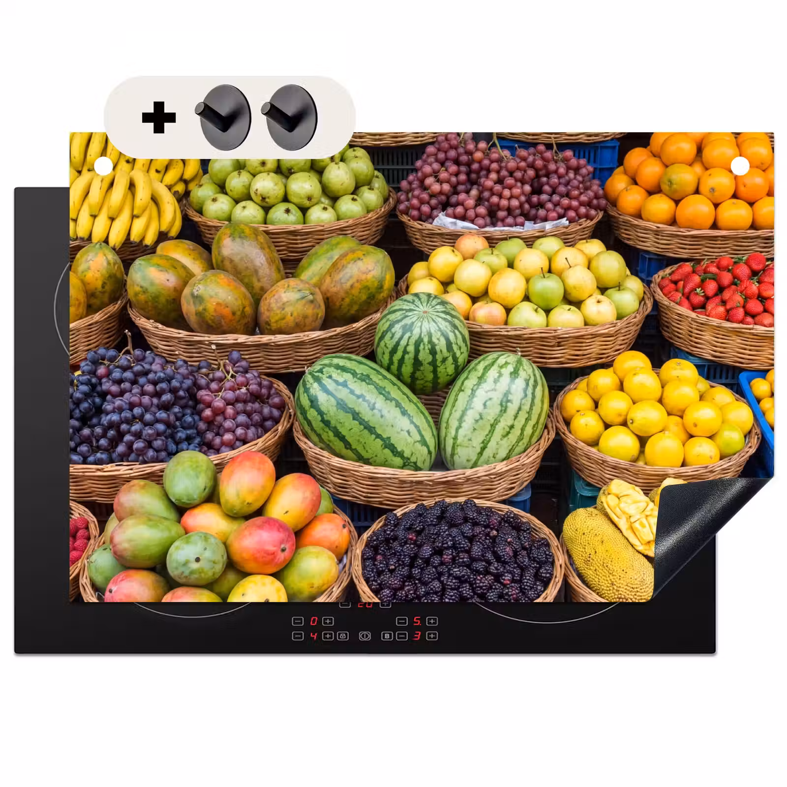 2-in-1 Herdabdeckplatte & Spritzschutz - Obst – Markt – Bunt - Fruit - Markt - Kleurrijk Inductie beschemer met haakjes klein
