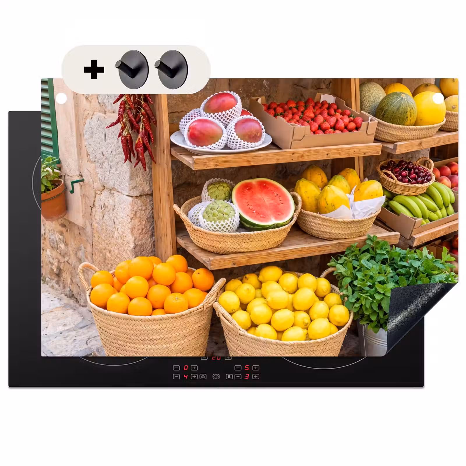 2-in-1 Herdabdeckplatte & Spritzschutz - Obst – Markt – Frisch - Fruit - Markt - Vers Inductie beschemer met haakjes klein