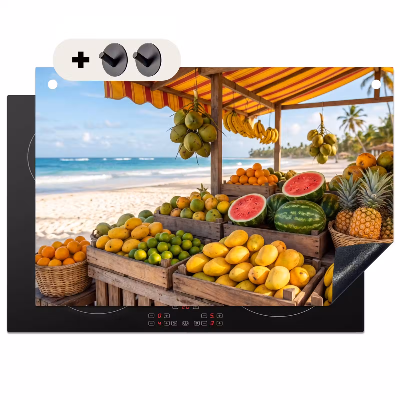2-in-1 Herdabdeckplatte & Spritzschutz - Obst – Strand – Tropisch - Fruit - Strand - Tropisch Inductie beschemer met haakjes klein