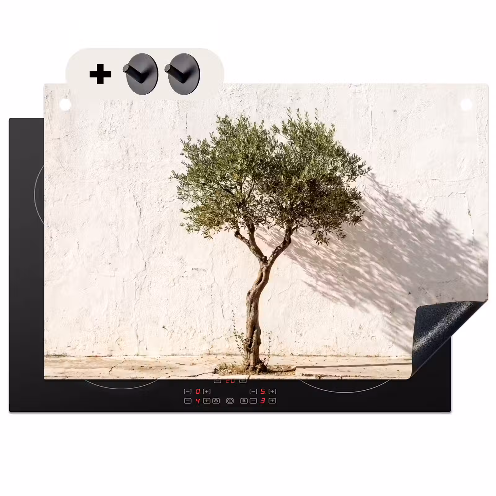 2-in-1 Herdabdeckplatte & Spritzschutz - Olivenbaum – Wand – weiß - Olijfboom - muur - wit Inductie beschemer met haakjes klein