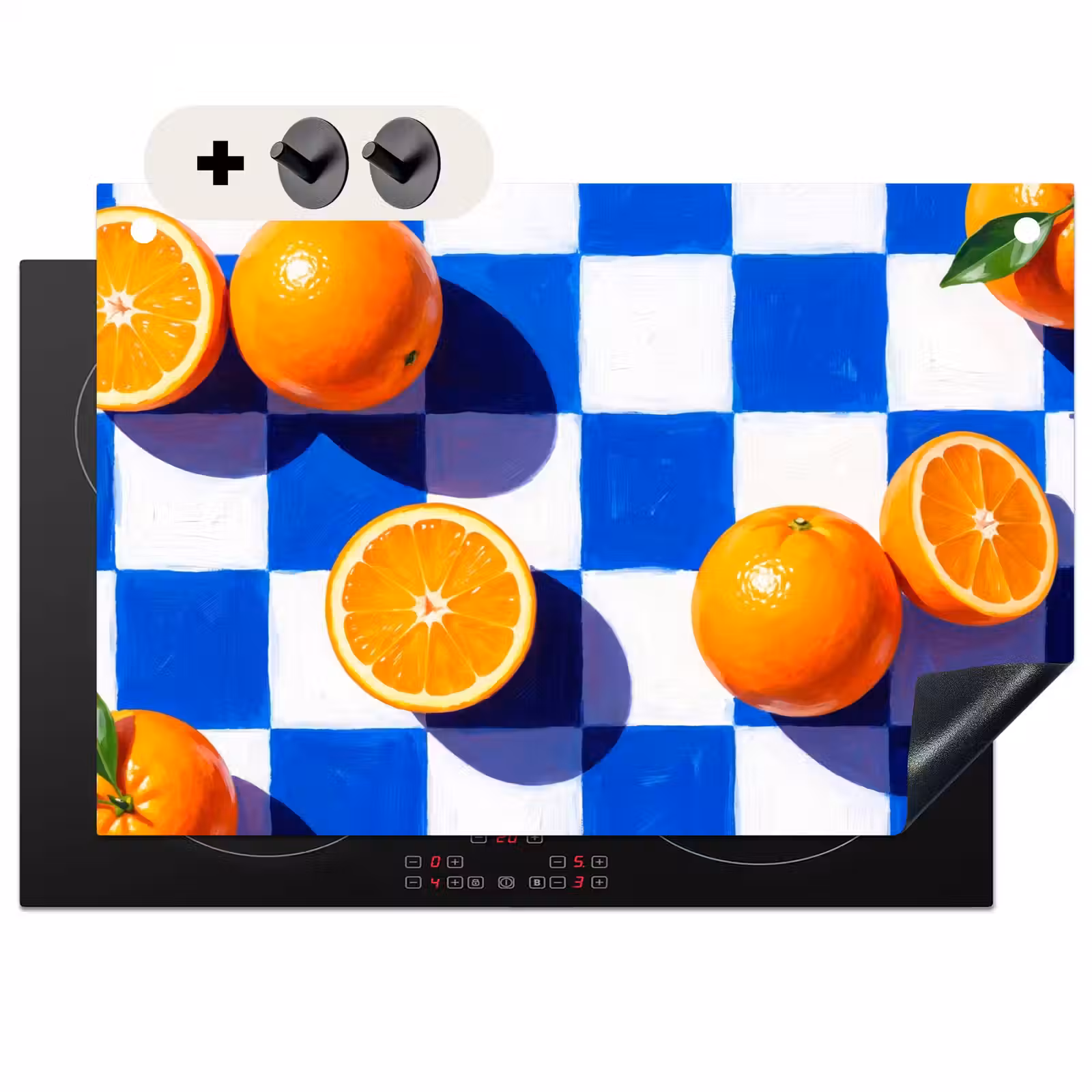 2-in-1 Herdabdeckplatte & Spritzschutz - Orange – Kariert – Essen - Sinaasappel - Geruit - Eten Inductie beschemer met haakjes klein